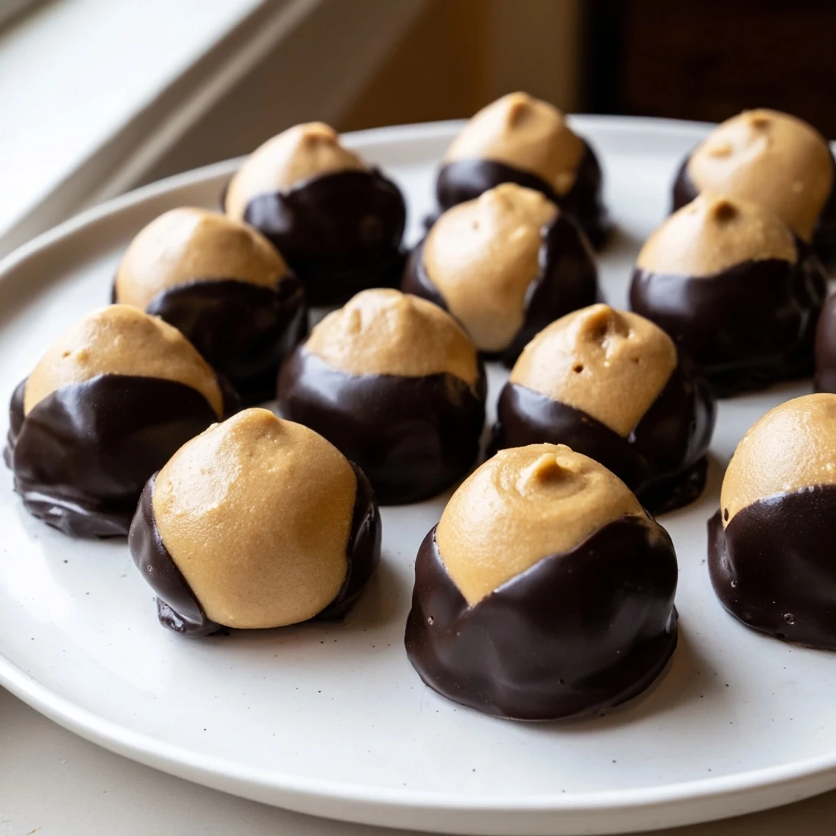 Chilled buckeye cookies arranged on parchment reveal smooth chocolate shells around soft sweet peanut butter centers