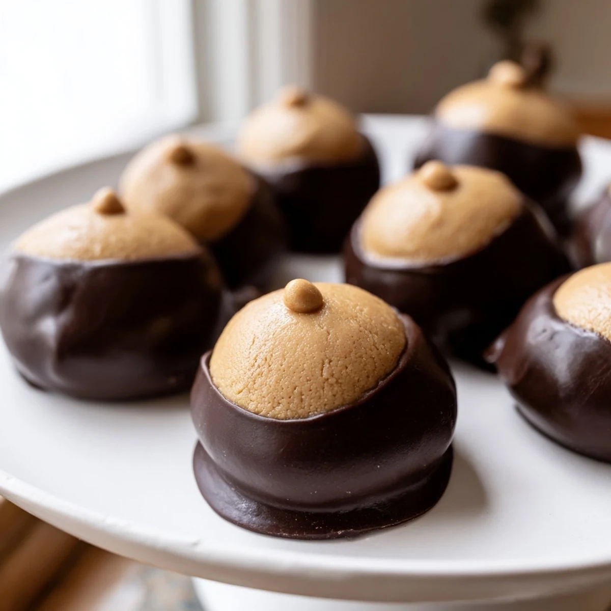 Golden peanut butter balls dipped halfway in rich melted chocolate make these classic buckeye cookies irresistible