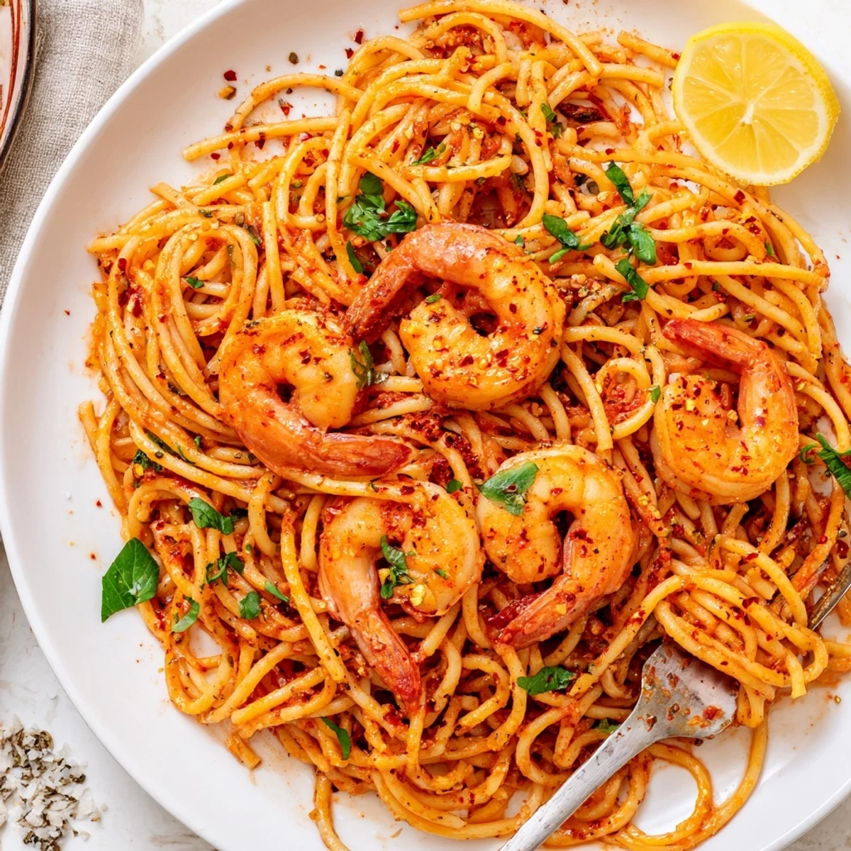 Spicy Shrimp Fra Diavolo simmered in a rich, fiery red tomato sauce