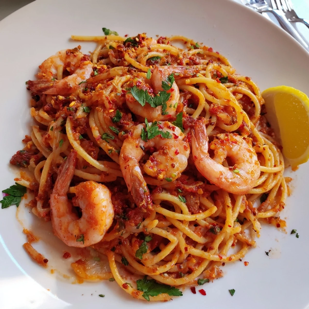 Plump pink shrimp nestled in a bold, peppery tomato sauce over linguine