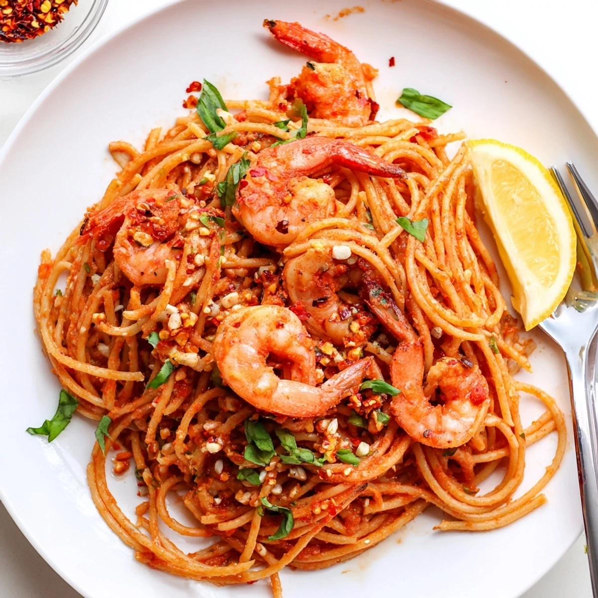 Steaming skillet of Shrimp Fra Diavolo garnished with fresh parsley and lemon