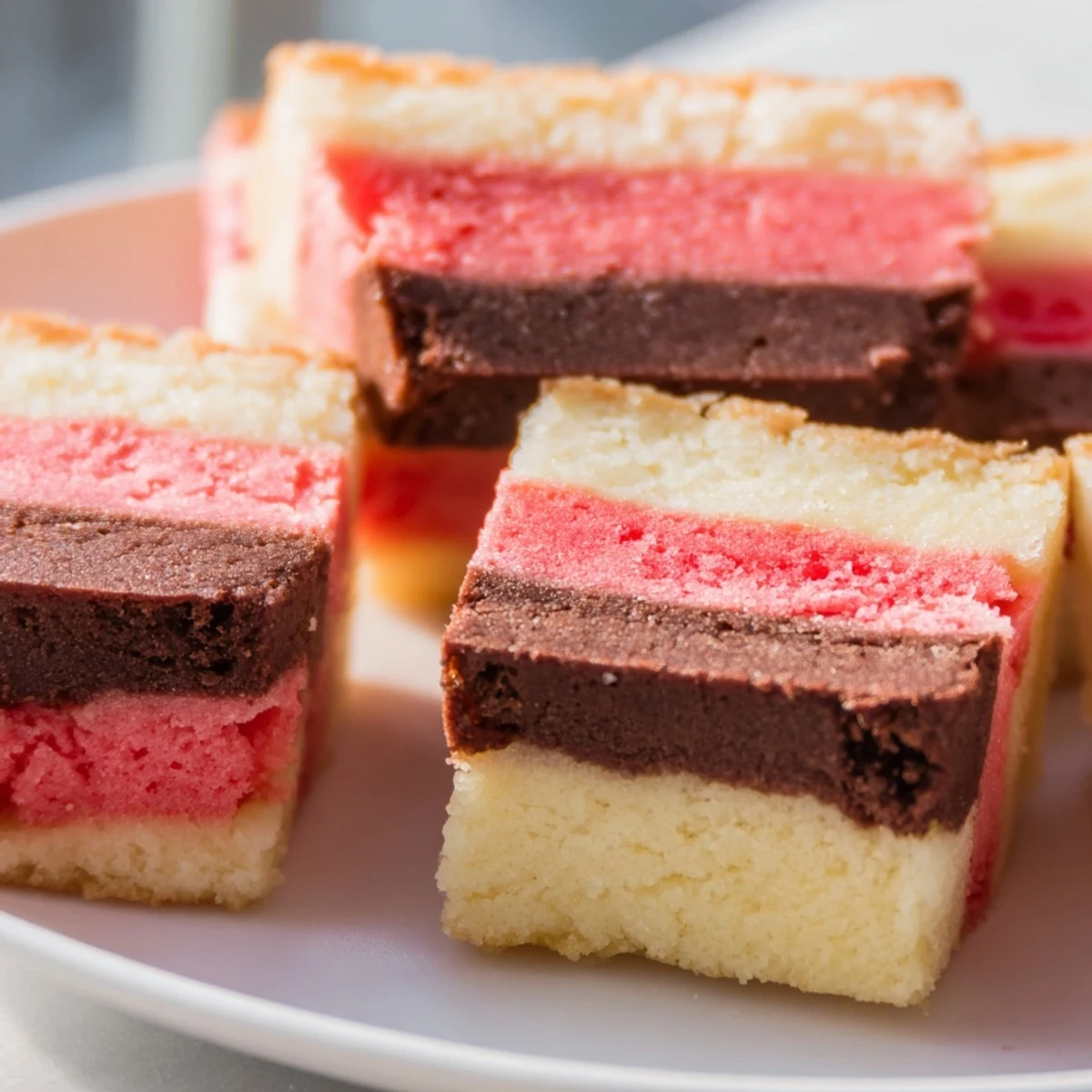 Colorful Neapolitan Cookies sliced to reveal chocolate, vanilla, and strawberry dough layers on a parchment-lined baking sheet.