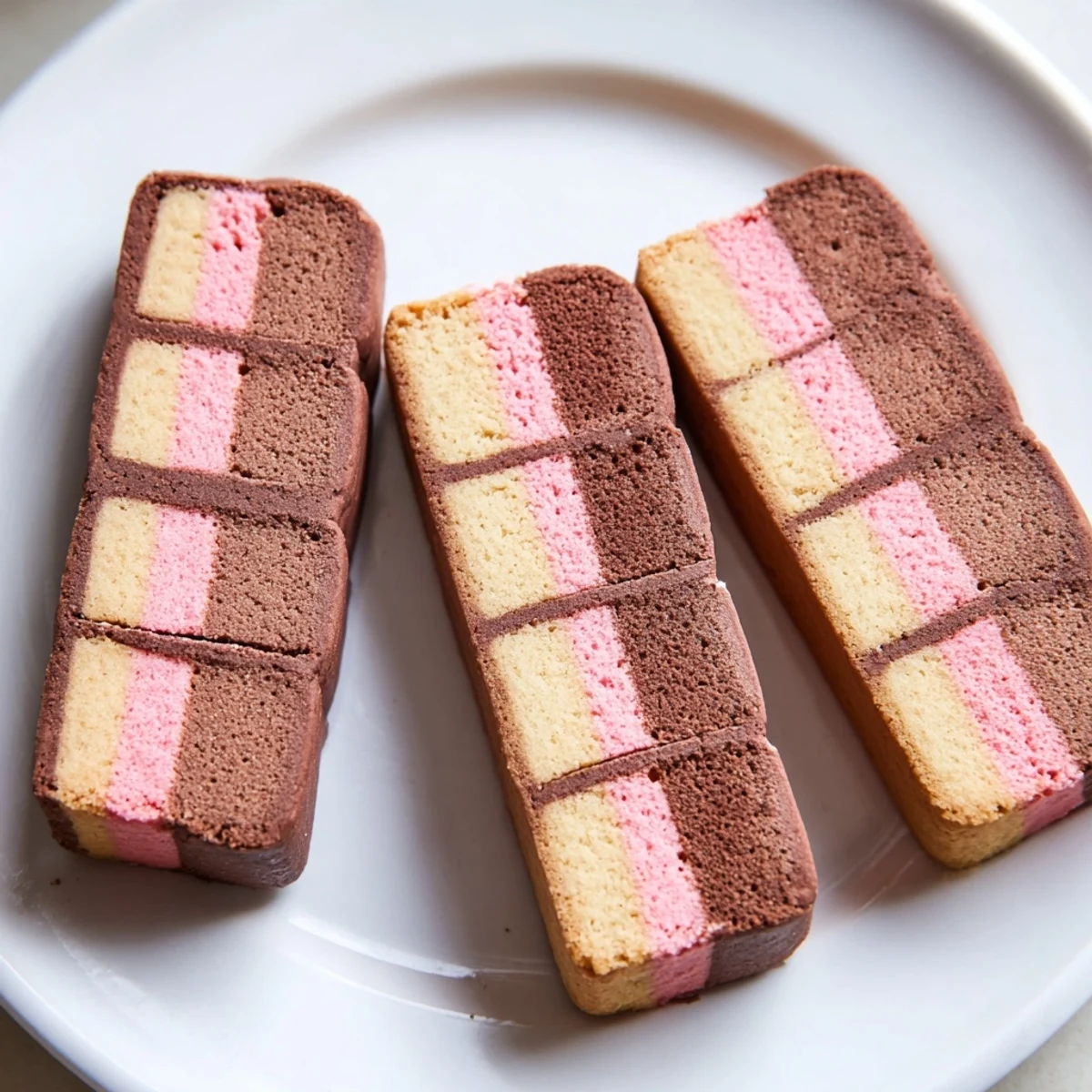 Freshly baked Neapolitan Cookies with golden edges arranged on a wire cooling rack beside a glass of milk.