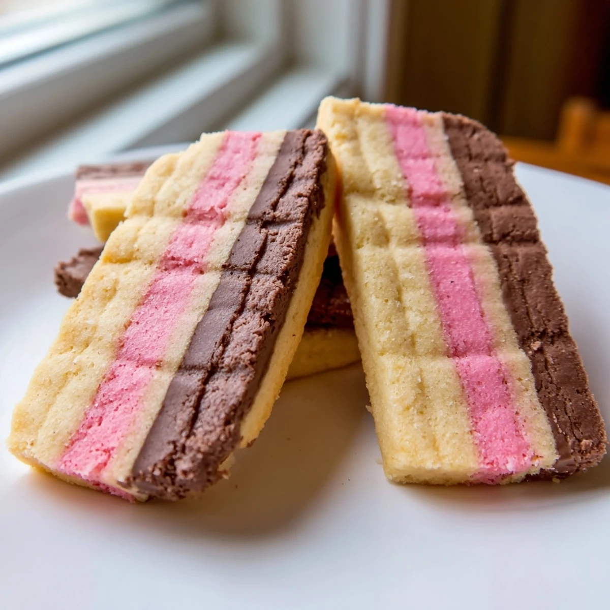 Tri-colored Neapolitan Cookies stacked on a decorative plate showing swirled buttery chocolate and pink strawberry layers.