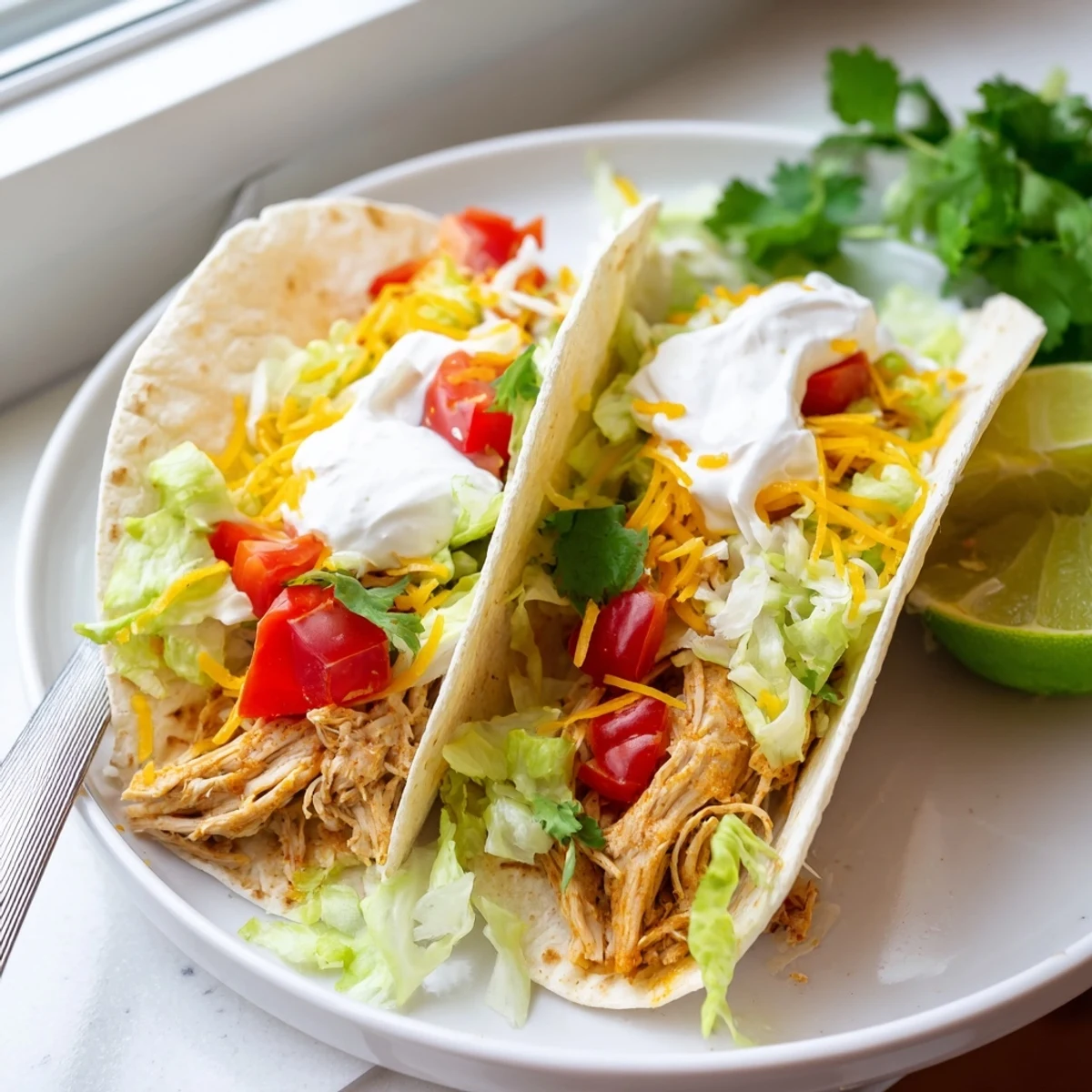 Tender shredded slow cooker ranch chicken tacos drizzled with sour cream on warm tortillas