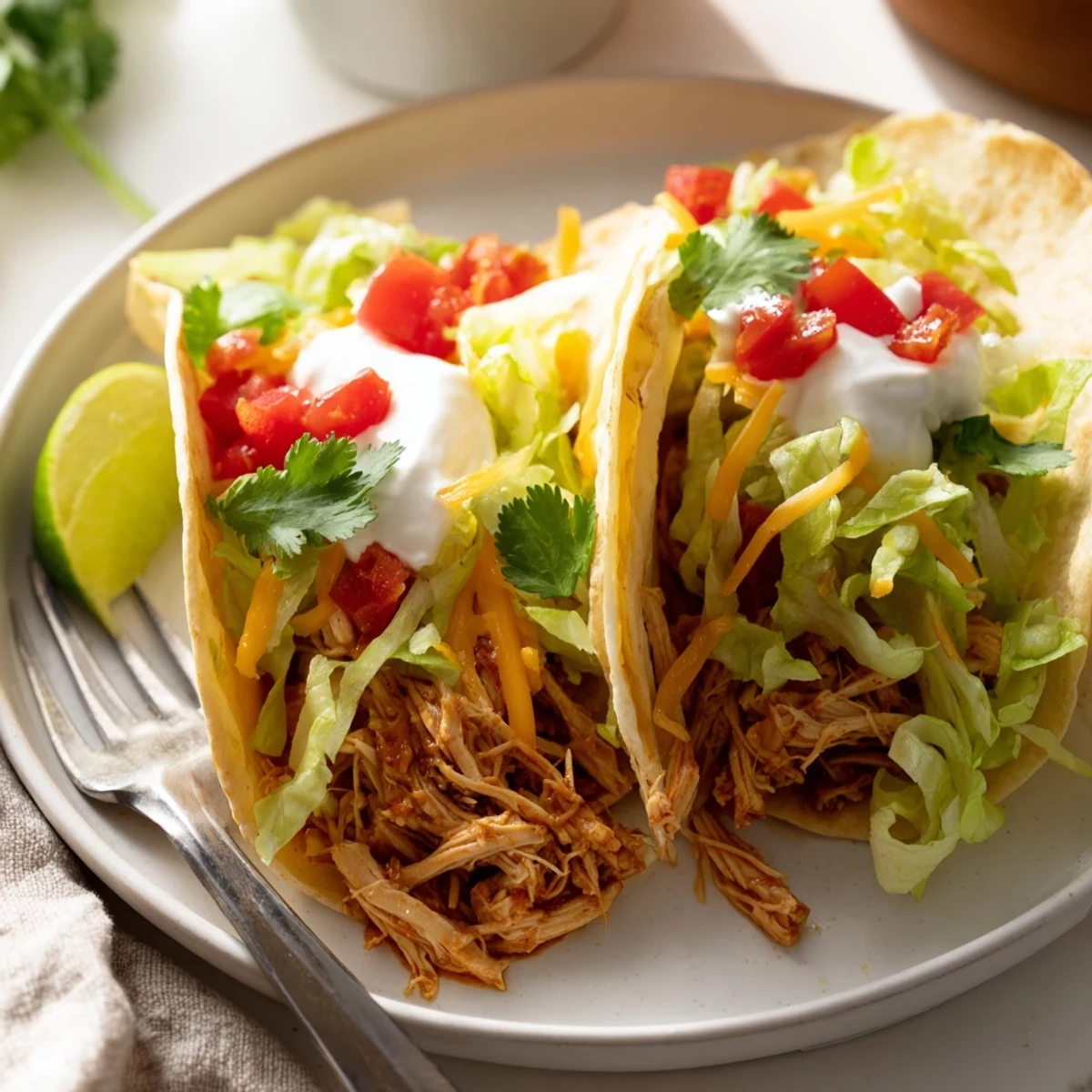 Juicy slow cooker ranch chicken tacos loaded with melted cheddar and fresh cilantro