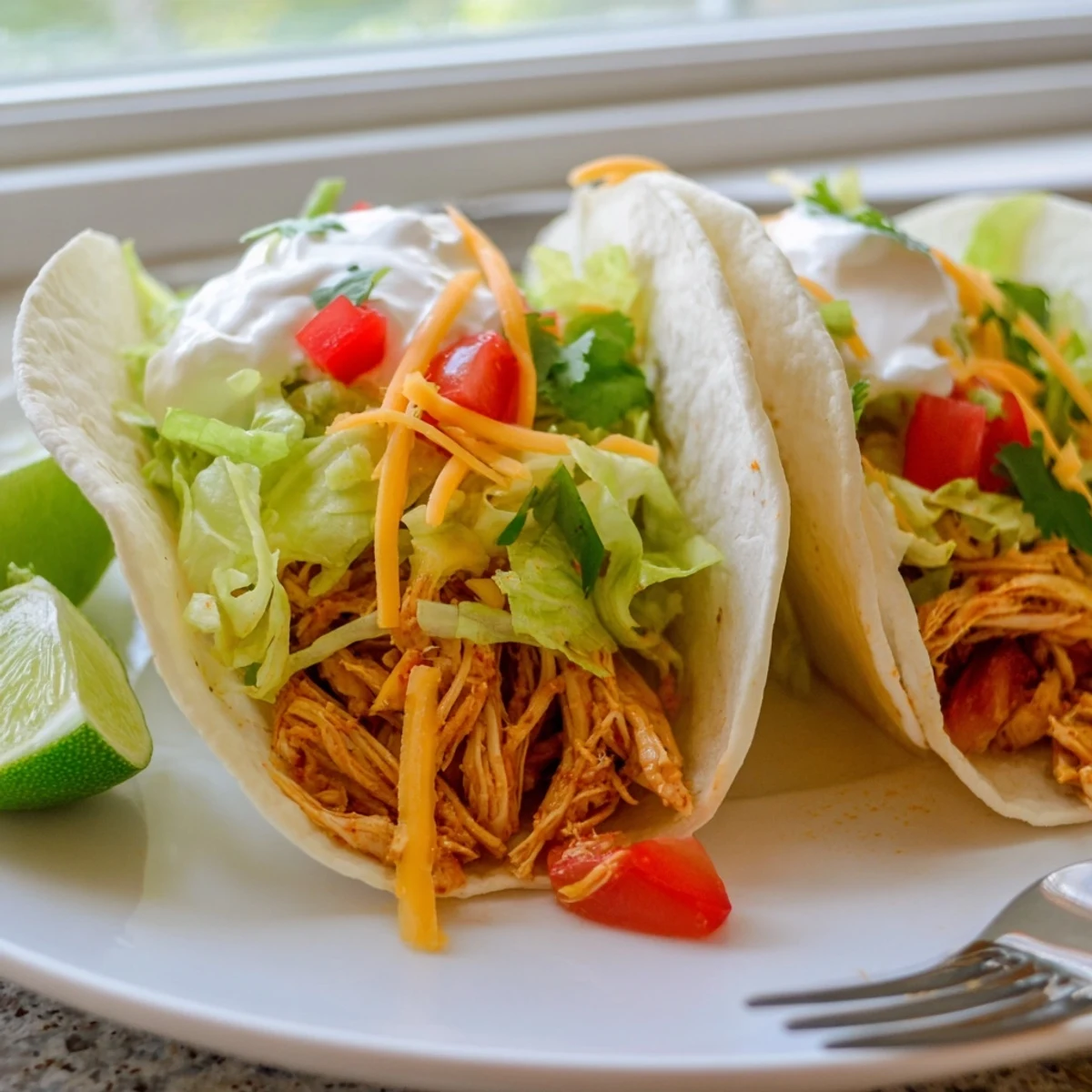 Golden slow cooker ranch chicken tacos topped with crisp lettuce and bright lime wedges