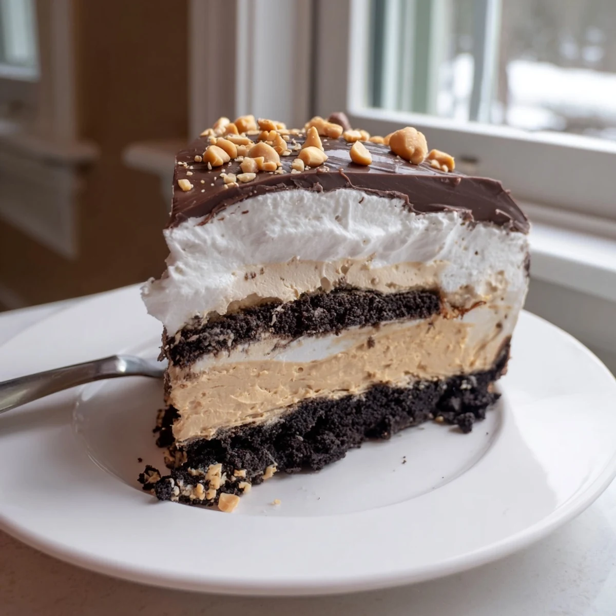 Creamy peanut butter layered delight with rich chocolate ganache atop a crunchy cookie crust
