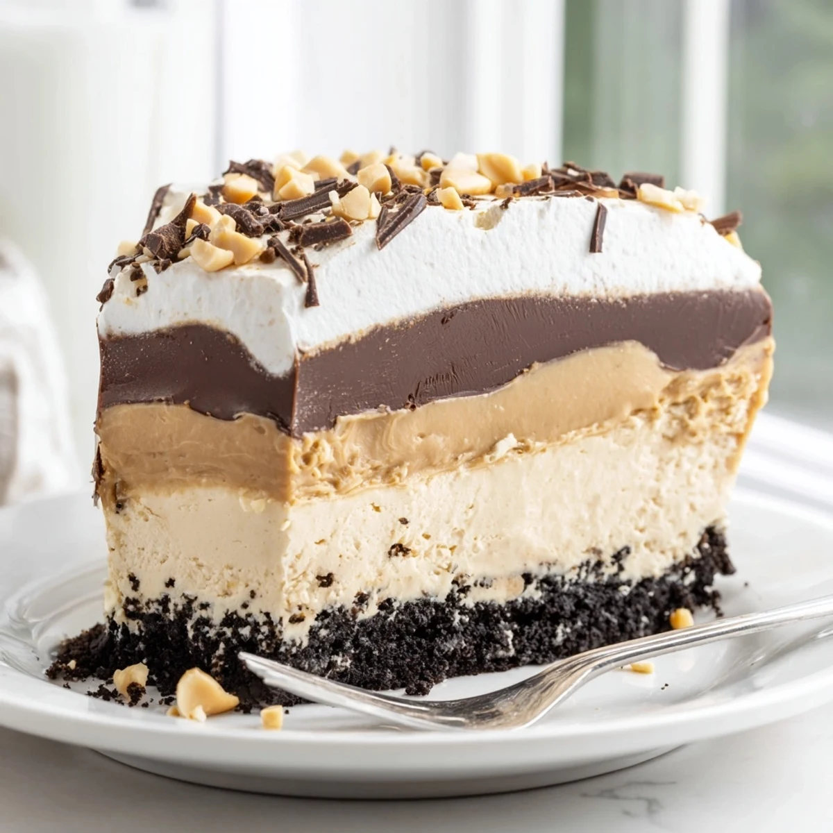 A chilled peanut butter layered dessert showing smooth chocolate and peanut butter layers with cookie base