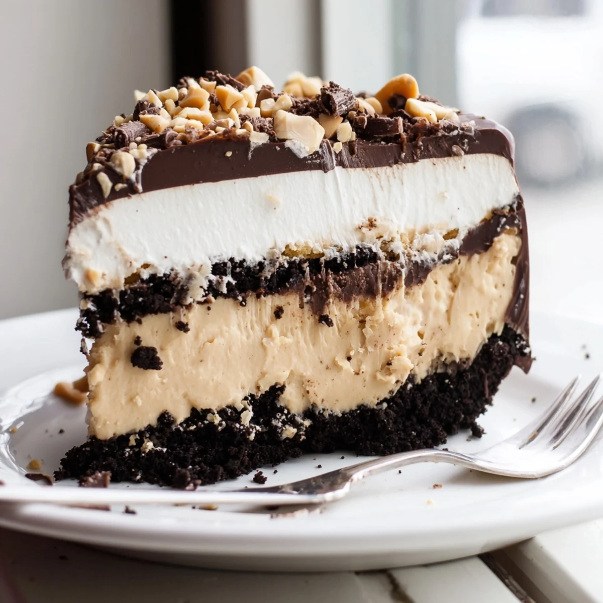 Peanut butter layered delight sliced into neat squares topped with whipped cream and chopped peanuts