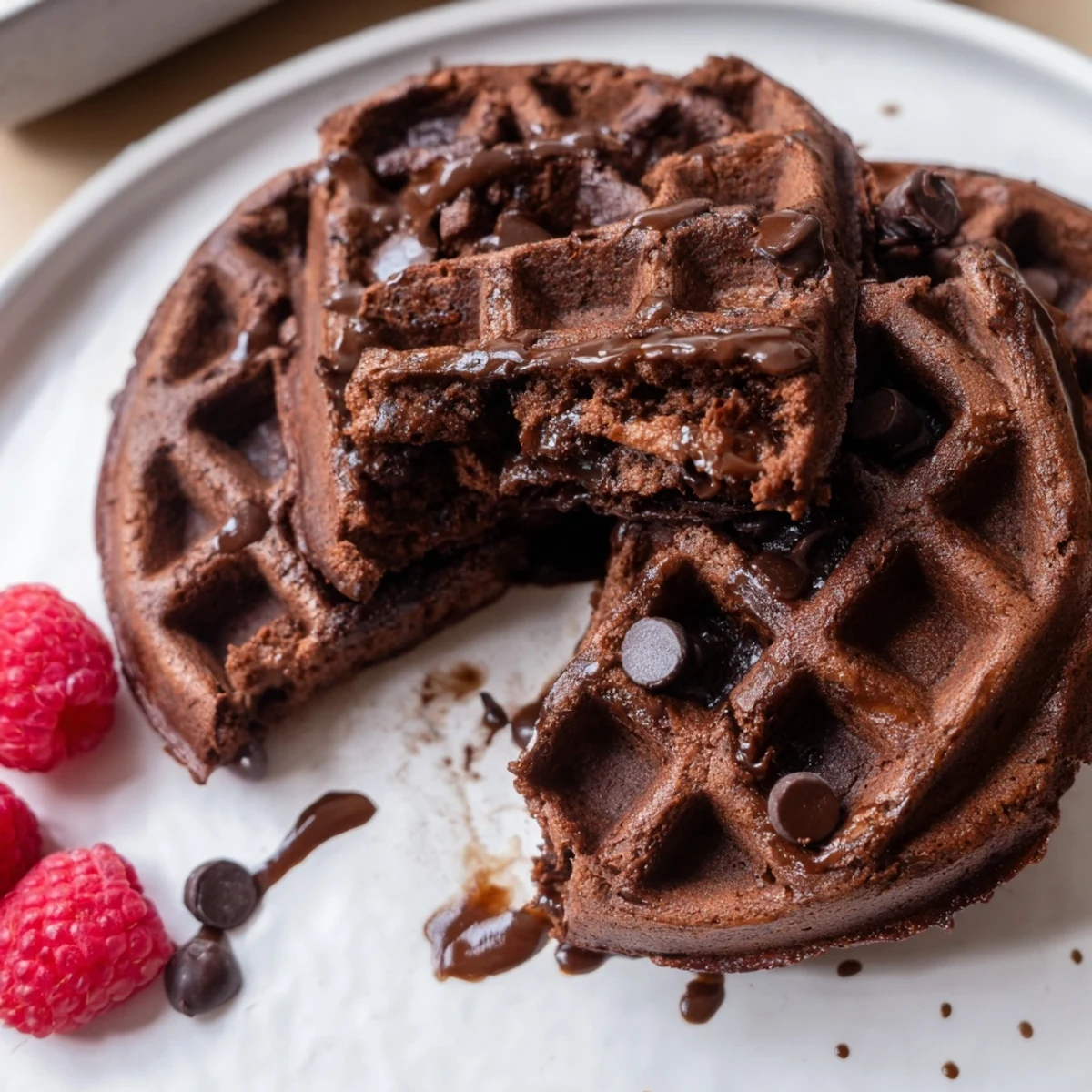 Crisp fudgy brownie waffles fresh off the iron topped with whipped cream
