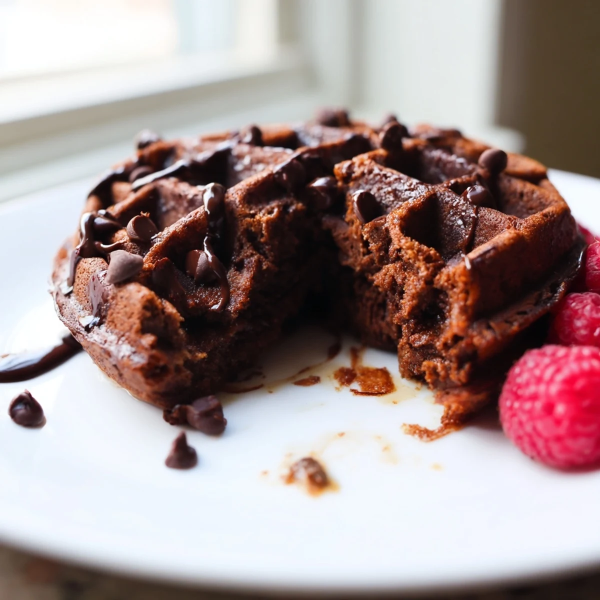 Warm fudgy brownie waffles with melted chocolate chips and golden ridged edges