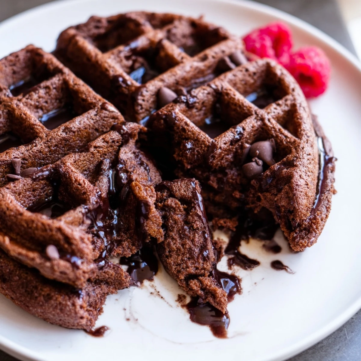 Thick fudgy brownie waffles drizzled with chocolate sauce on a white plate