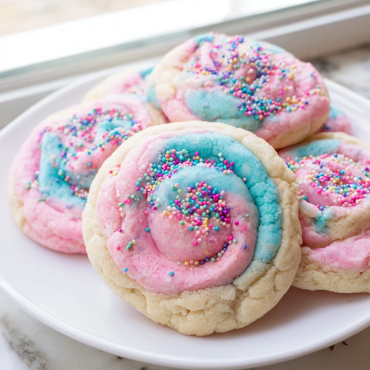 Soft cotton candy cookies with swirled pink and blue pastel dough on a baking sheet