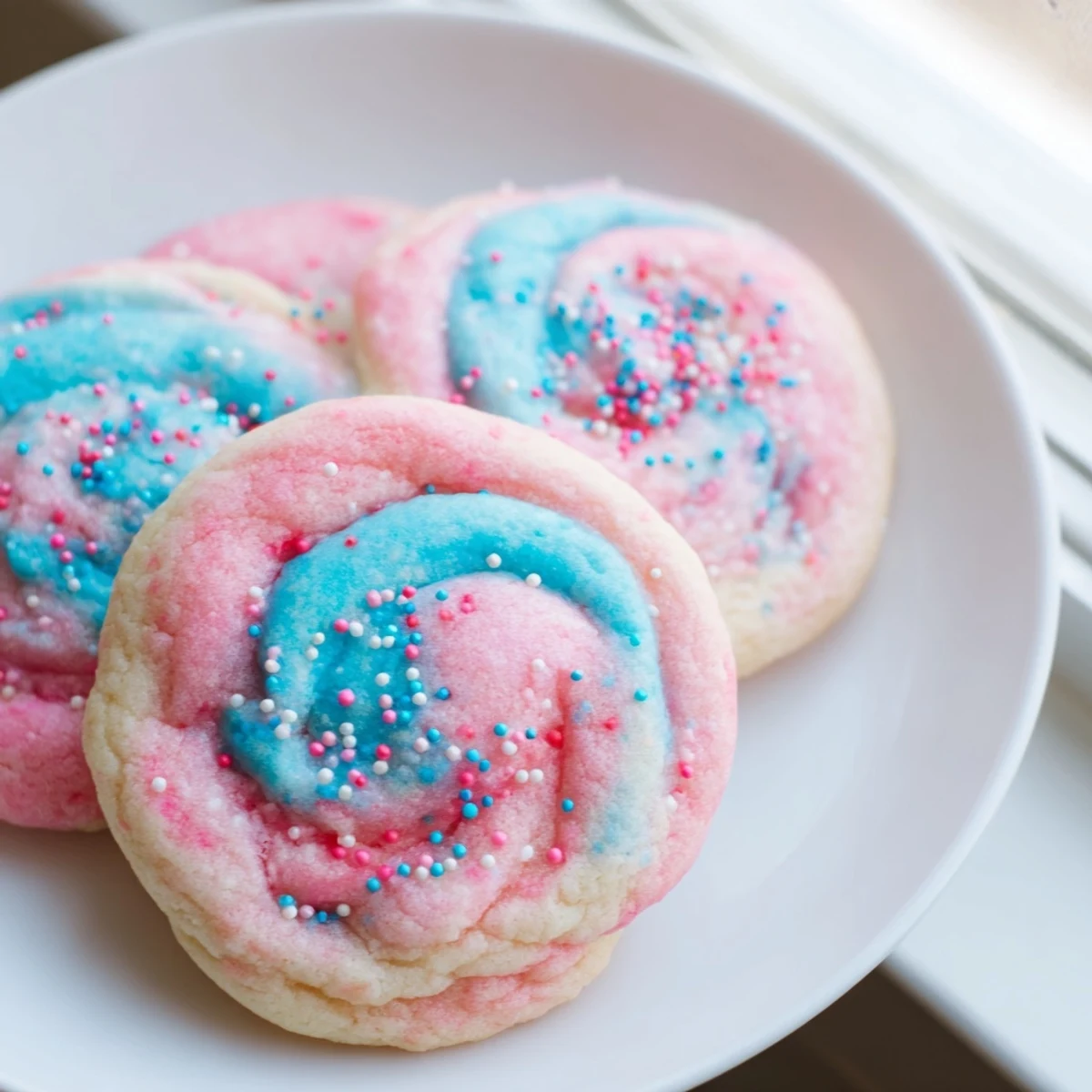 Warm cotton candy cookies topped with colorful sprinkles arranged on a rustic wooden board