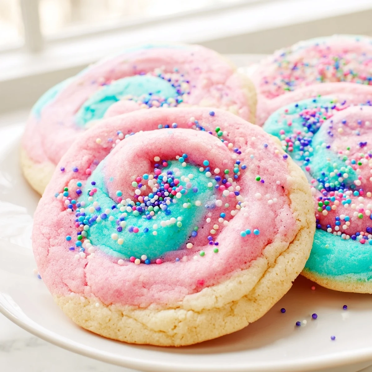 Chewy cotton candy cookies featuring marbled pink and blue hues stacked on a decorative plate