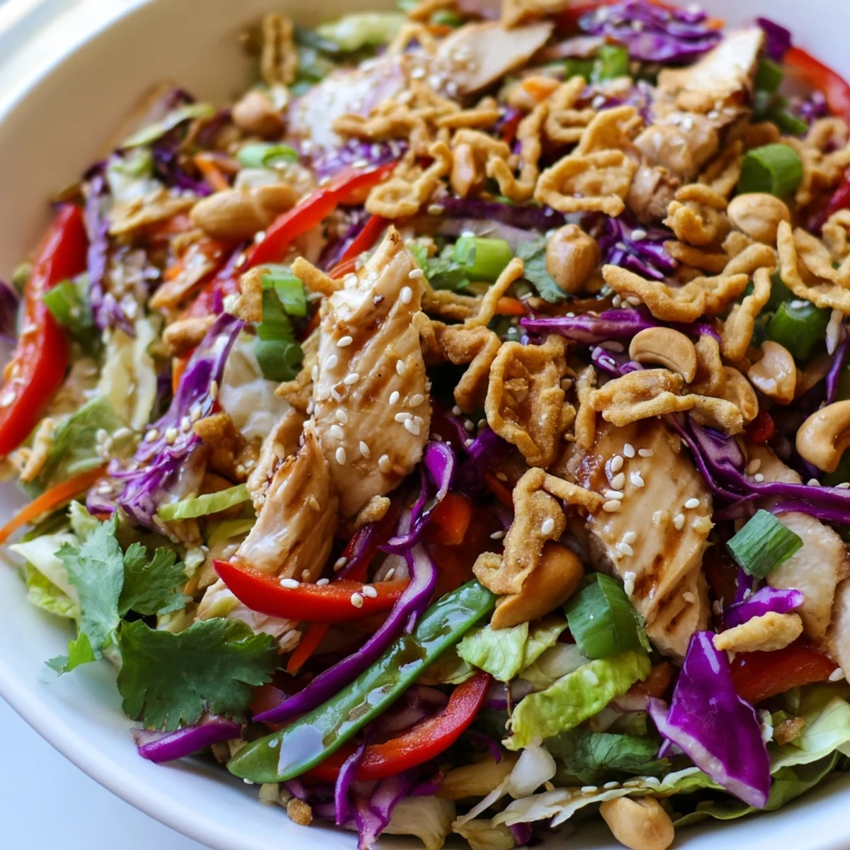 Colorful Chicken Cashew Crunch Salad with crisp cabbage, carrots, and sesame dressing in a white bowl