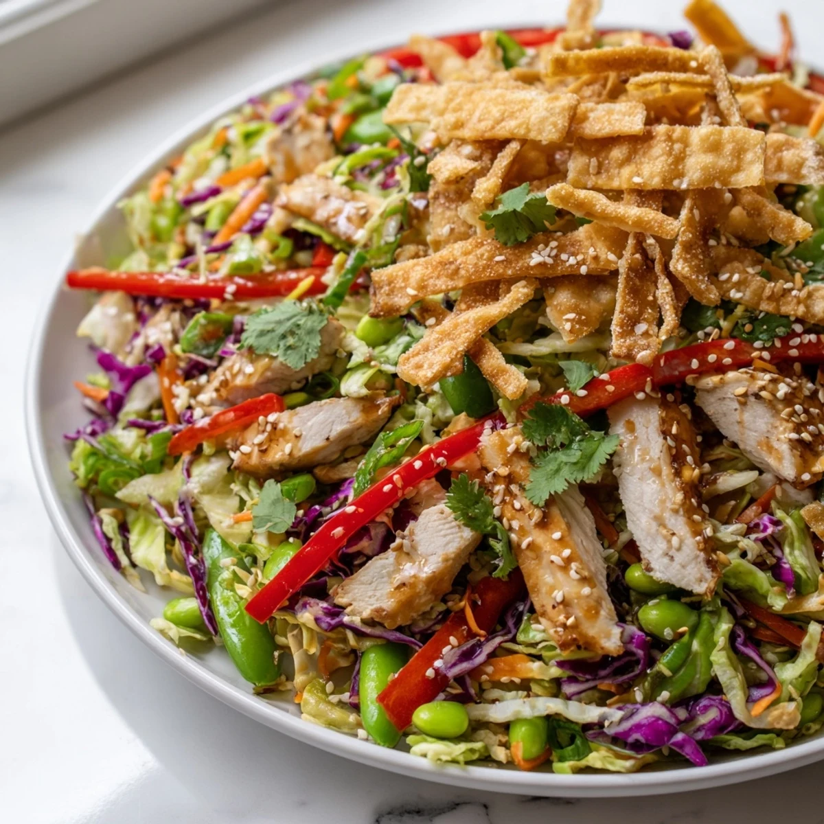 Sliced grilled chicken nestled over crunchy vegetables and roasted cashews, drizzled with tangy soy-sesame vinaigrette