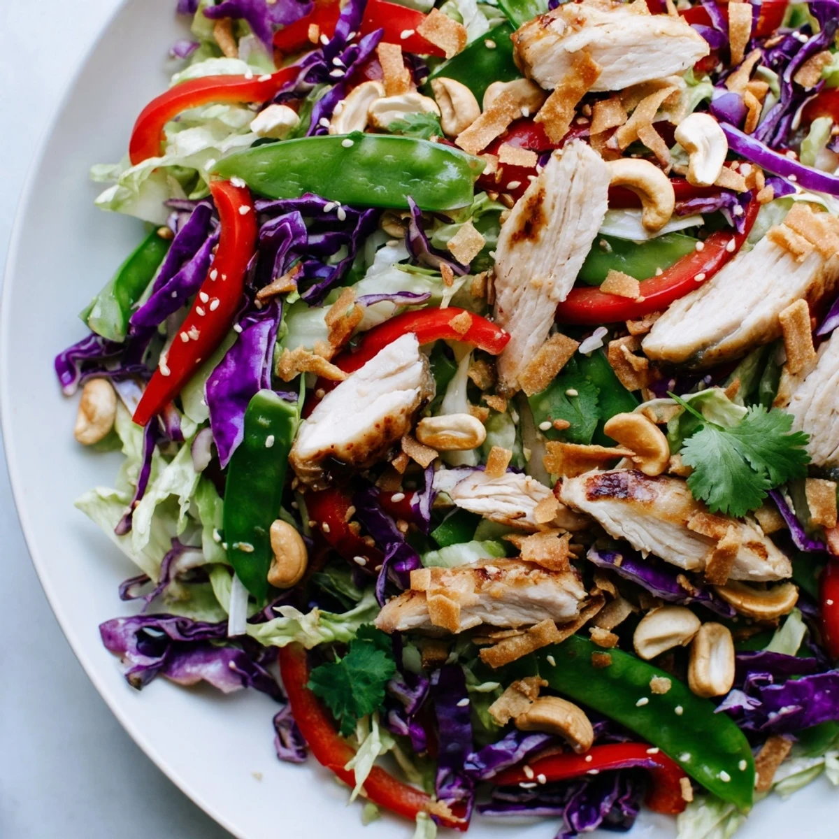 Vibrant Chicken Cashew Crunch Salad topped with crispy wontons, fresh cilantro, and sprinkled sesame seeds