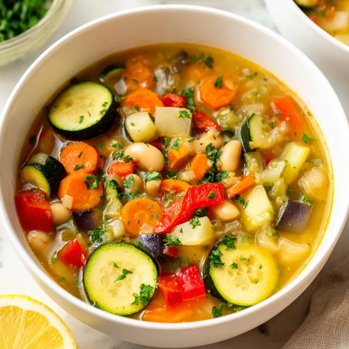 Steaming bowl of Mediterranean Soup topped with fresh parsley and a bright lemon wedge