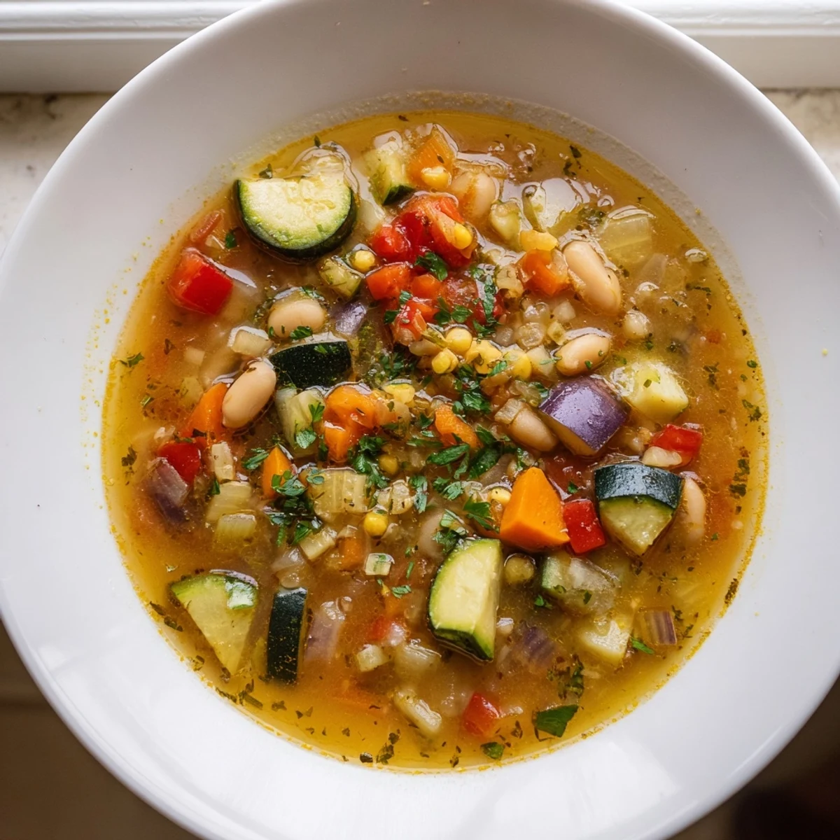 Creamy Mediterranean Soup ladled into a bowl with a crusty bread slice alongside