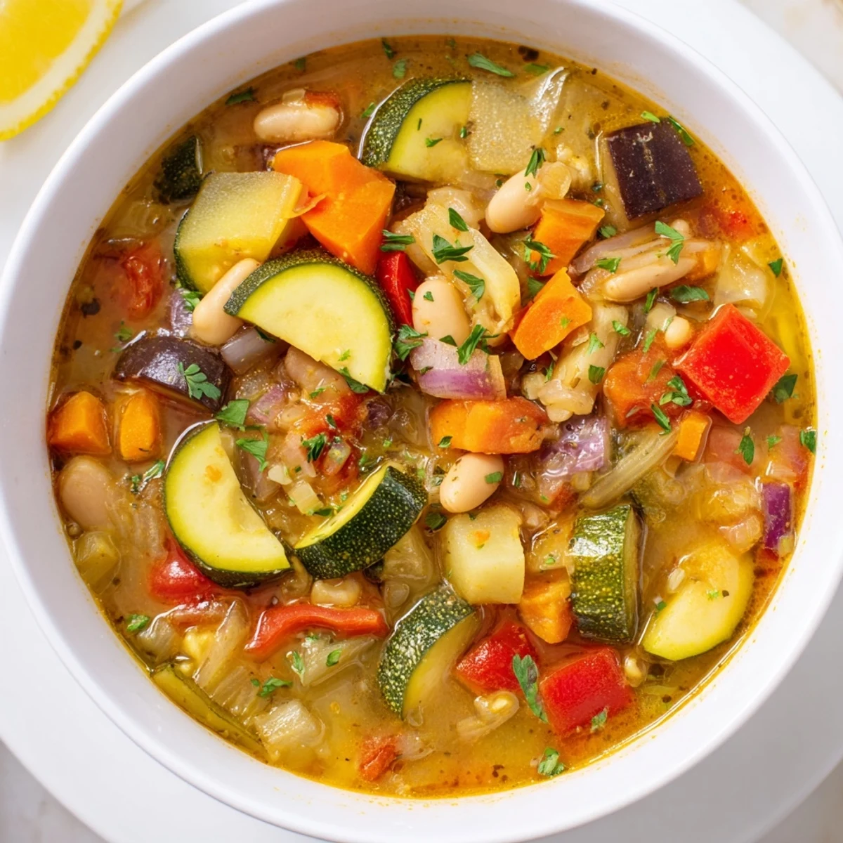 Hearty Mediterranean Soup brimming with colorful tender vegetables in a rich tomato broth