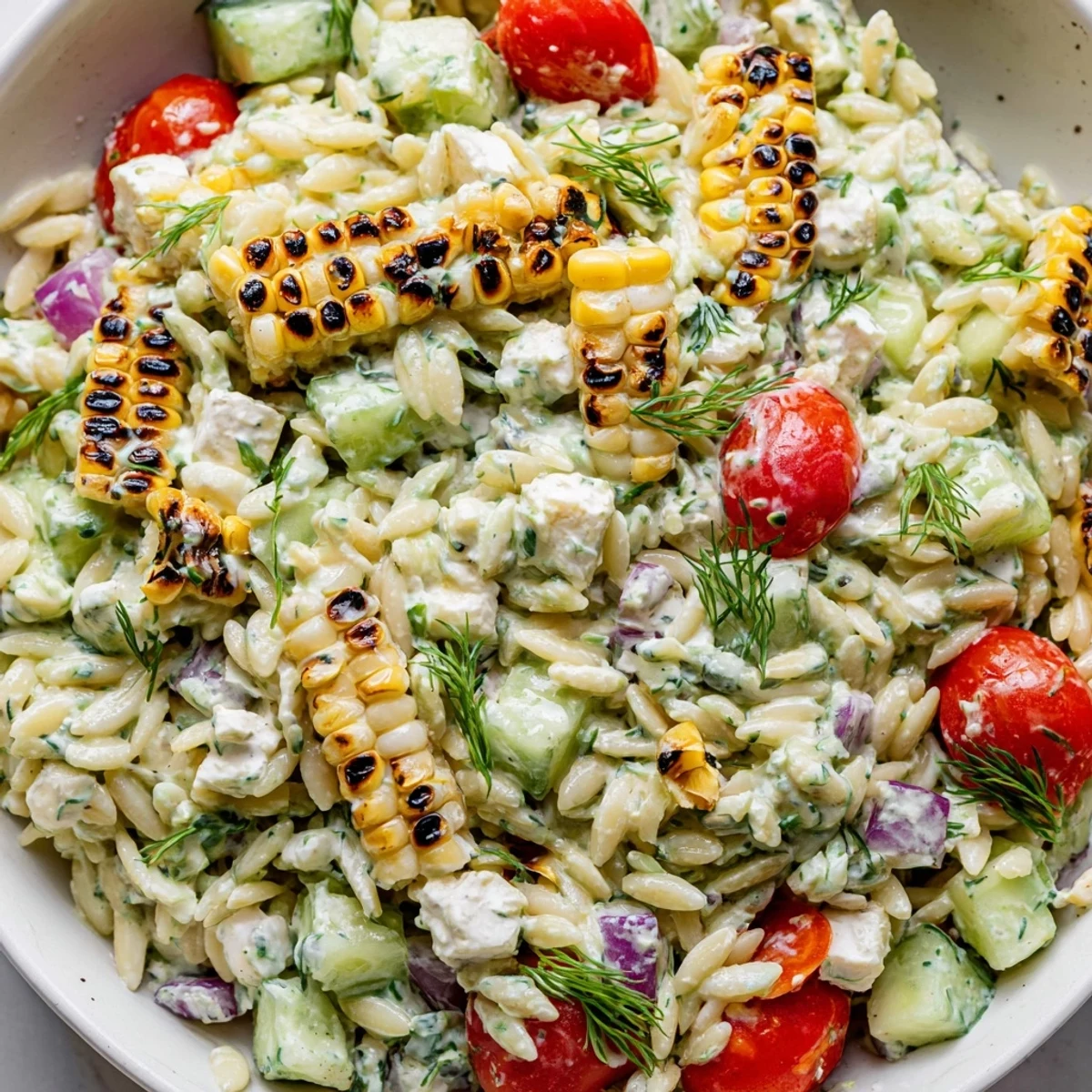 Smoky grilled corn orzo salad tossed in vibrant scallion dill dressing
