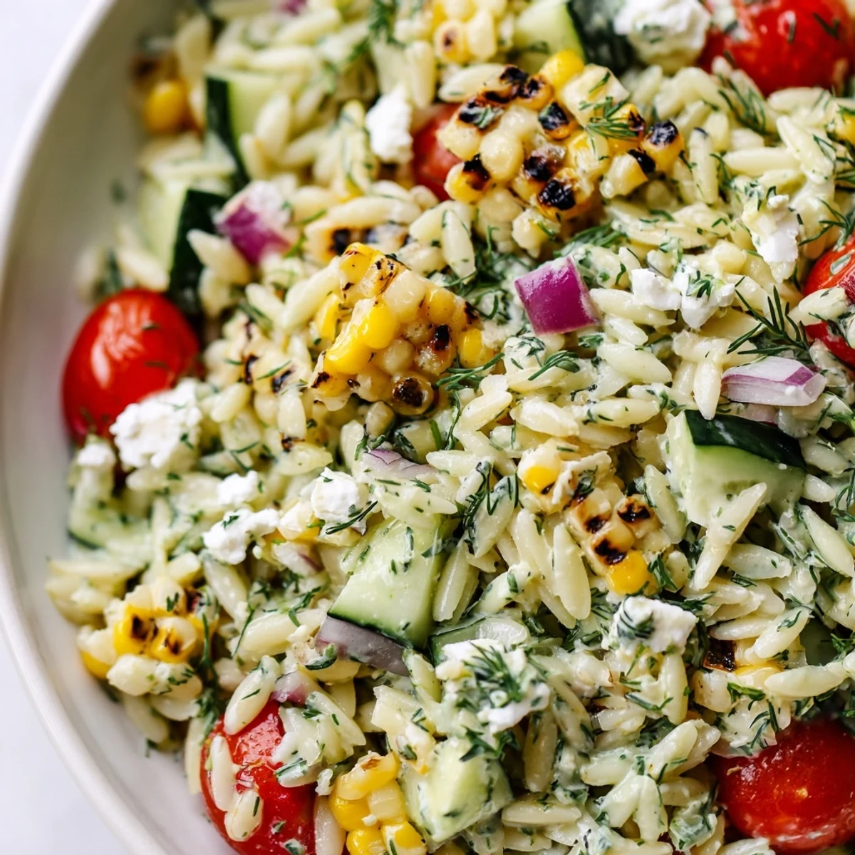 Creamy grilled corn orzo salad topped with crumbled feta and fresh dill