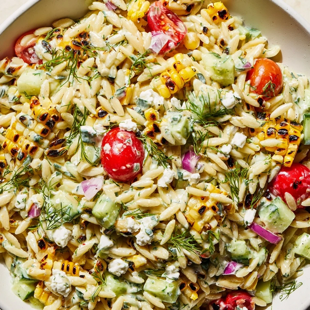 Colorful grilled corn orzo salad with cherry tomatoes and creamy herb dressing