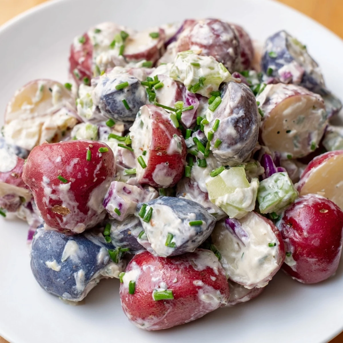 Creamy red white blue potato salad garnished with fresh herbs in a rustic bowl