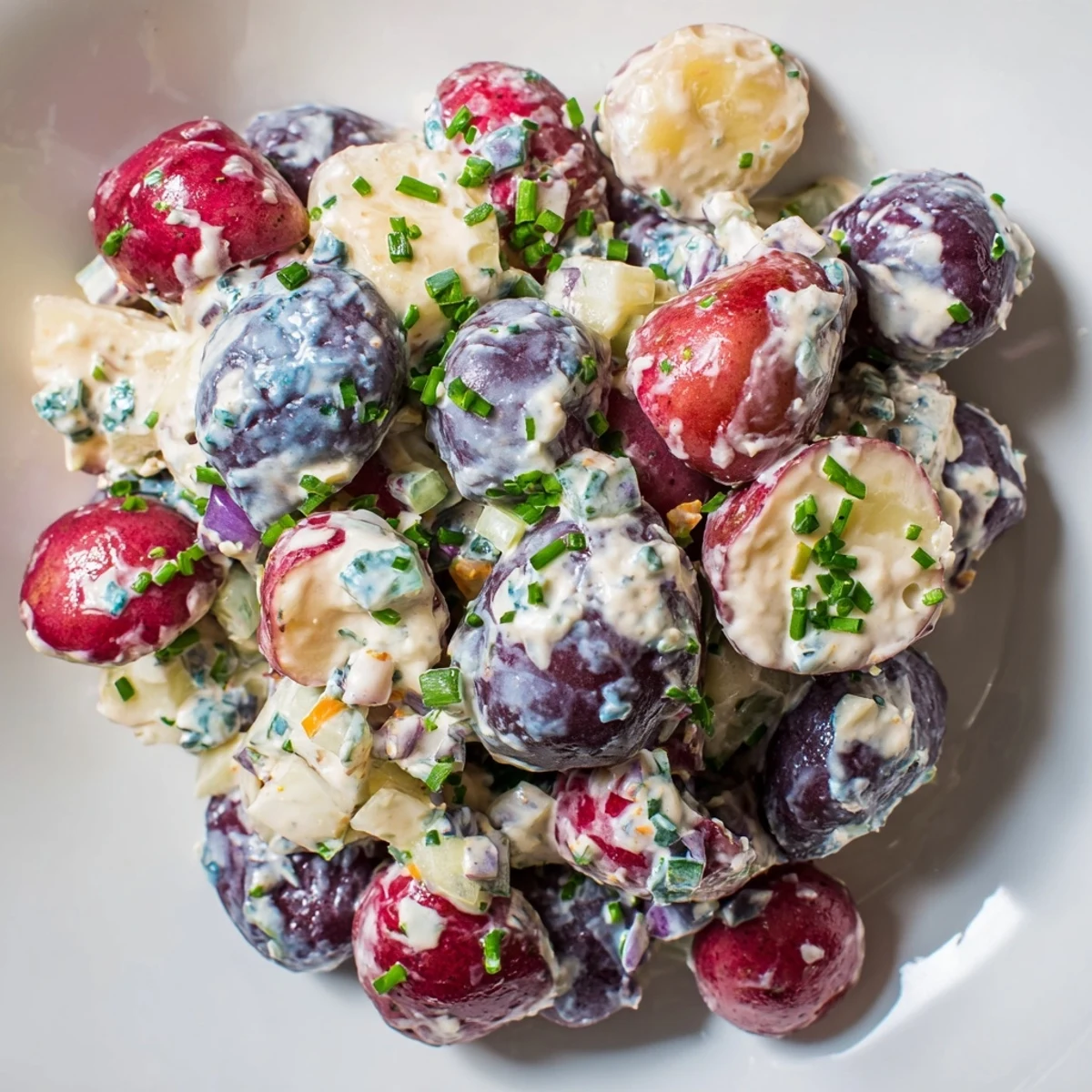 Colorful red white blue potato salad topped with chives served at a backyard barbecue