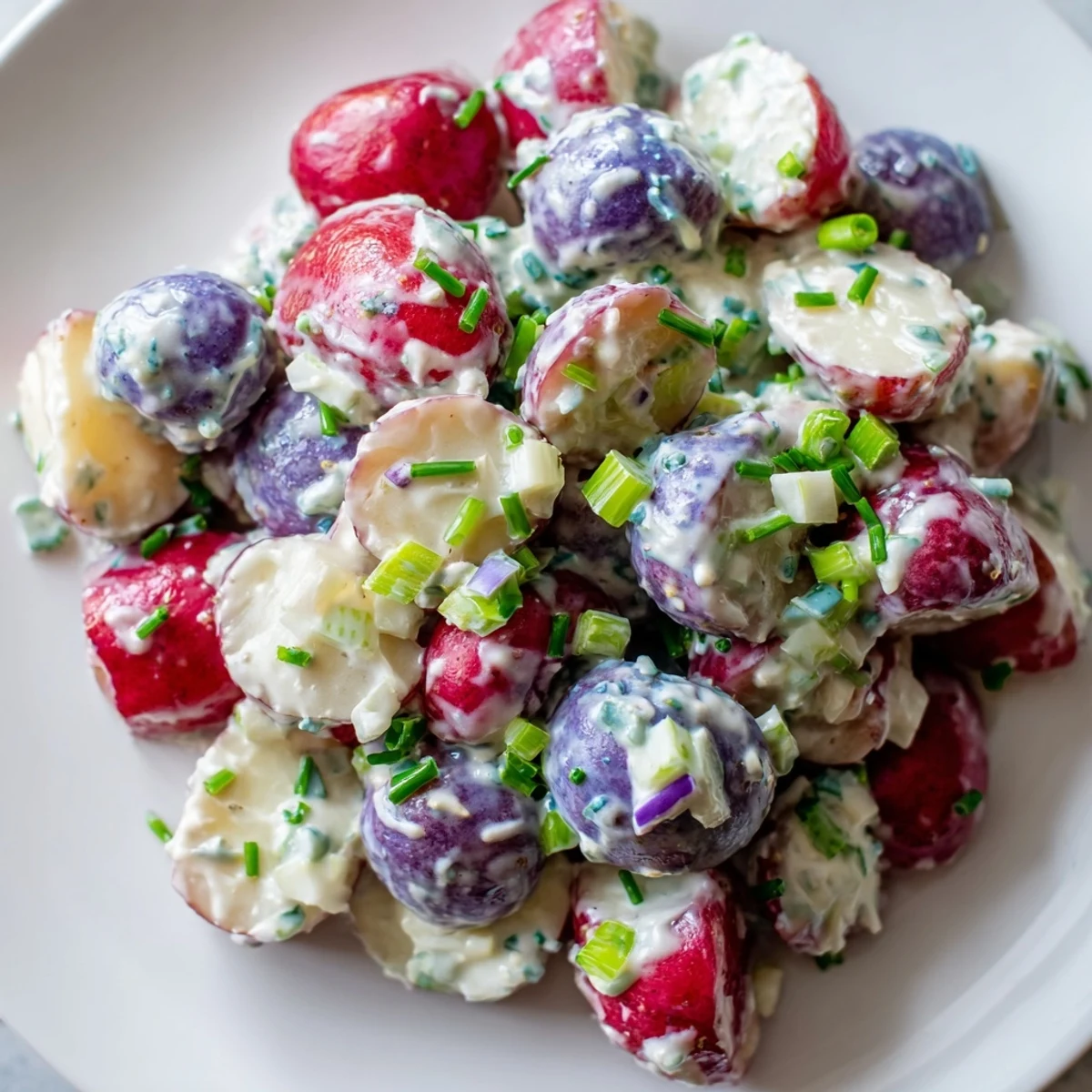 Tangy red white blue potato salad in a serving dish with crisp celery pieces