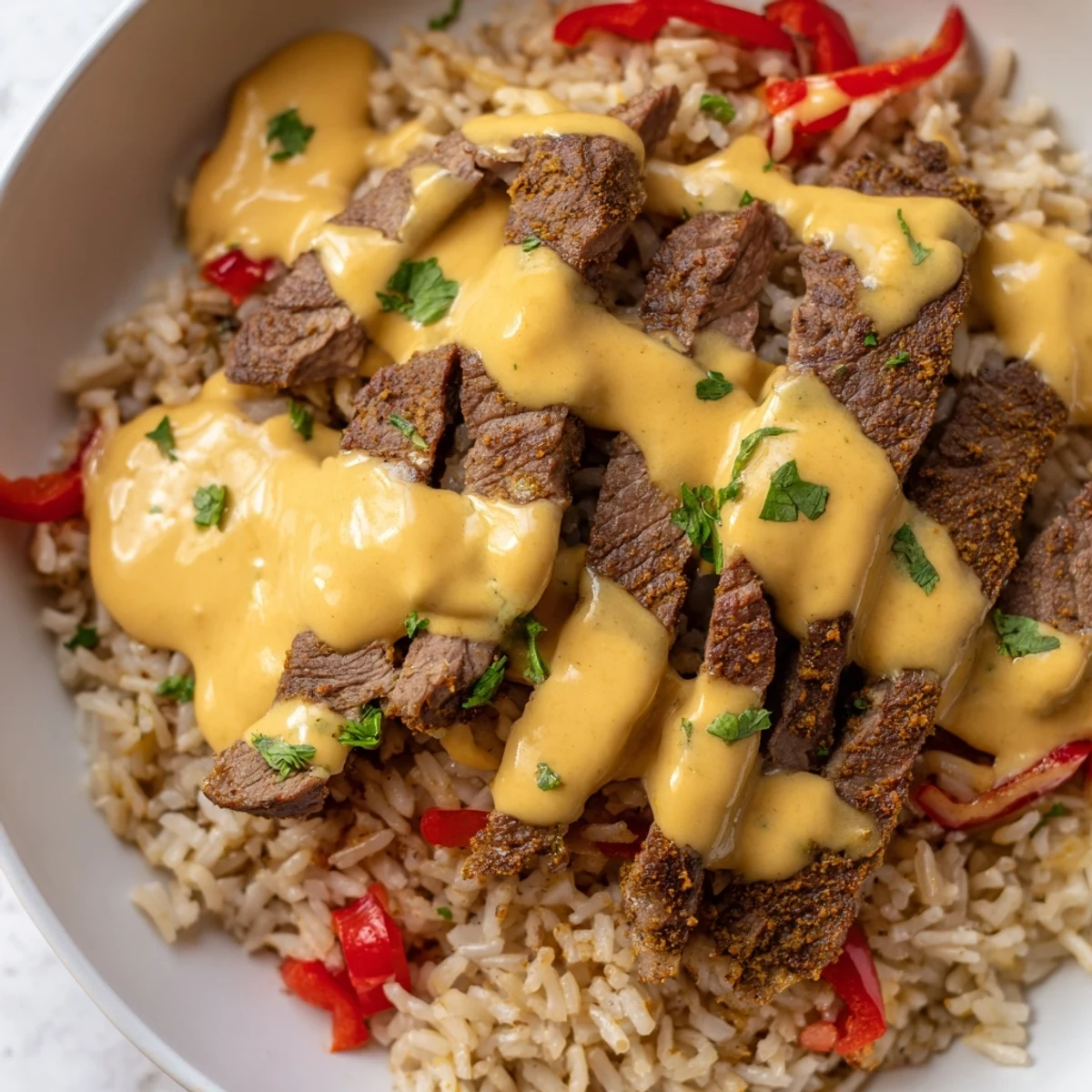 Creamy steak queso rice topped with melted cheese sauce and fresh cilantro