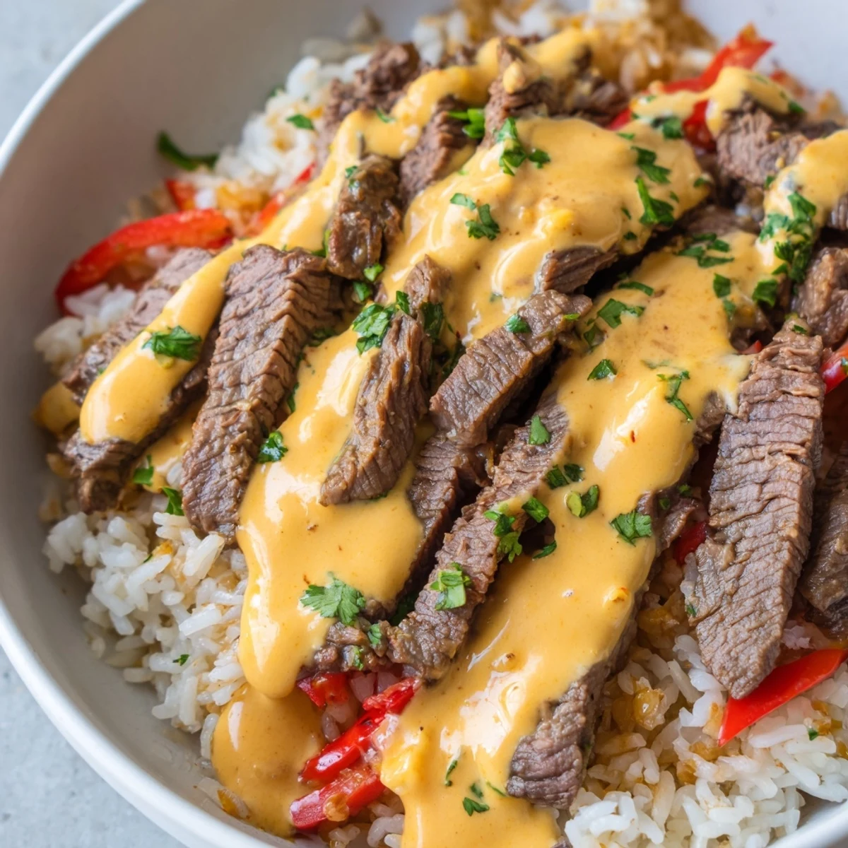 Sizzling steak queso rice in a skillet with colorful bell peppers and onions