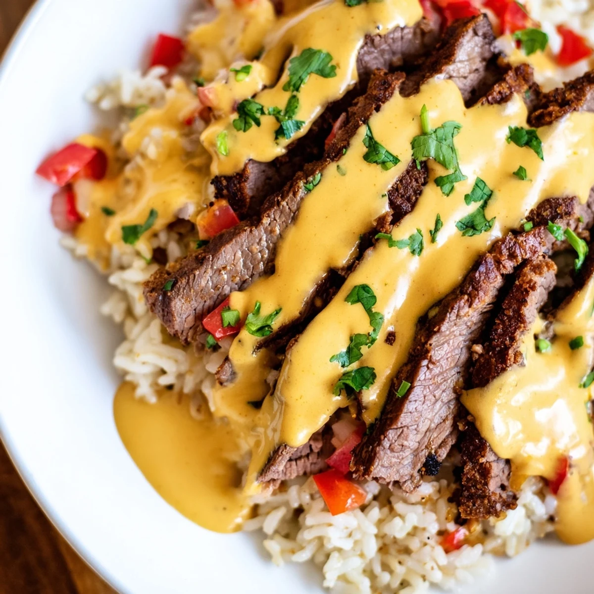 Warm steak queso rice drizzled with smooth queso served in a rustic bowl
