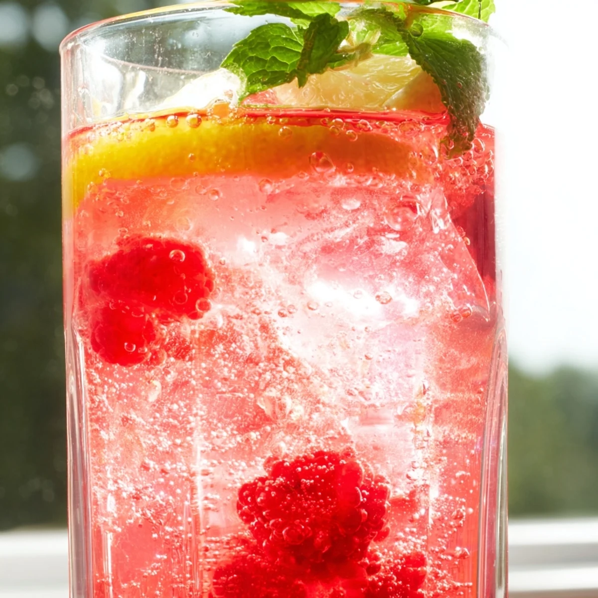 Bubbly honey lemon pink soda in a tall glass glowing with vibrant berry color