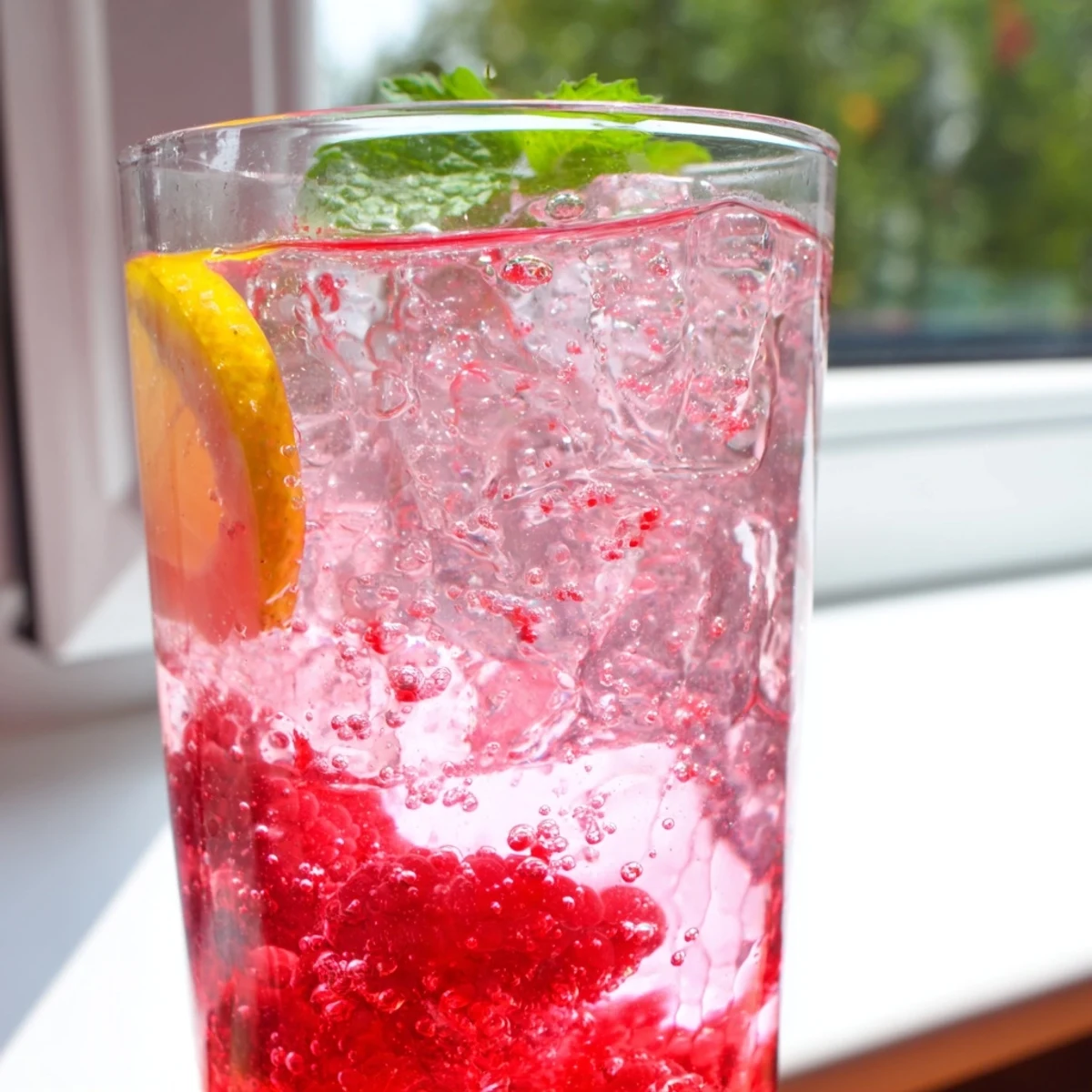 Chilled honey lemon pink soda garnished with raspberries and mint leaves for a refreshing summer drink