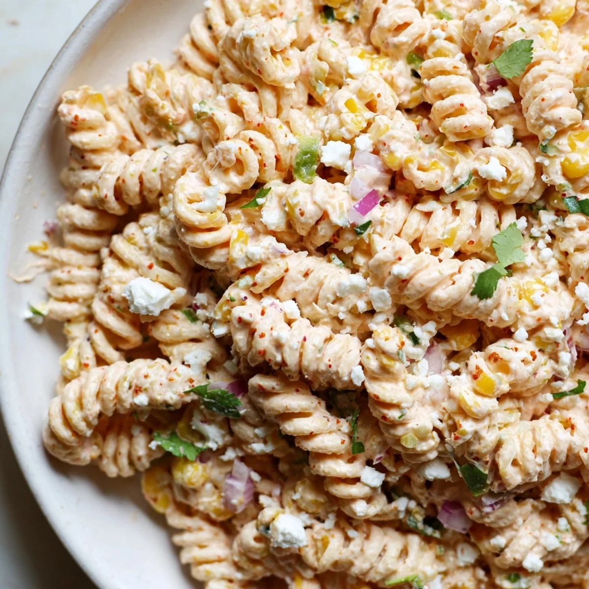 Creamy elote pasta salad loaded with roasted corn, cotija cheese, and fresh cilantro