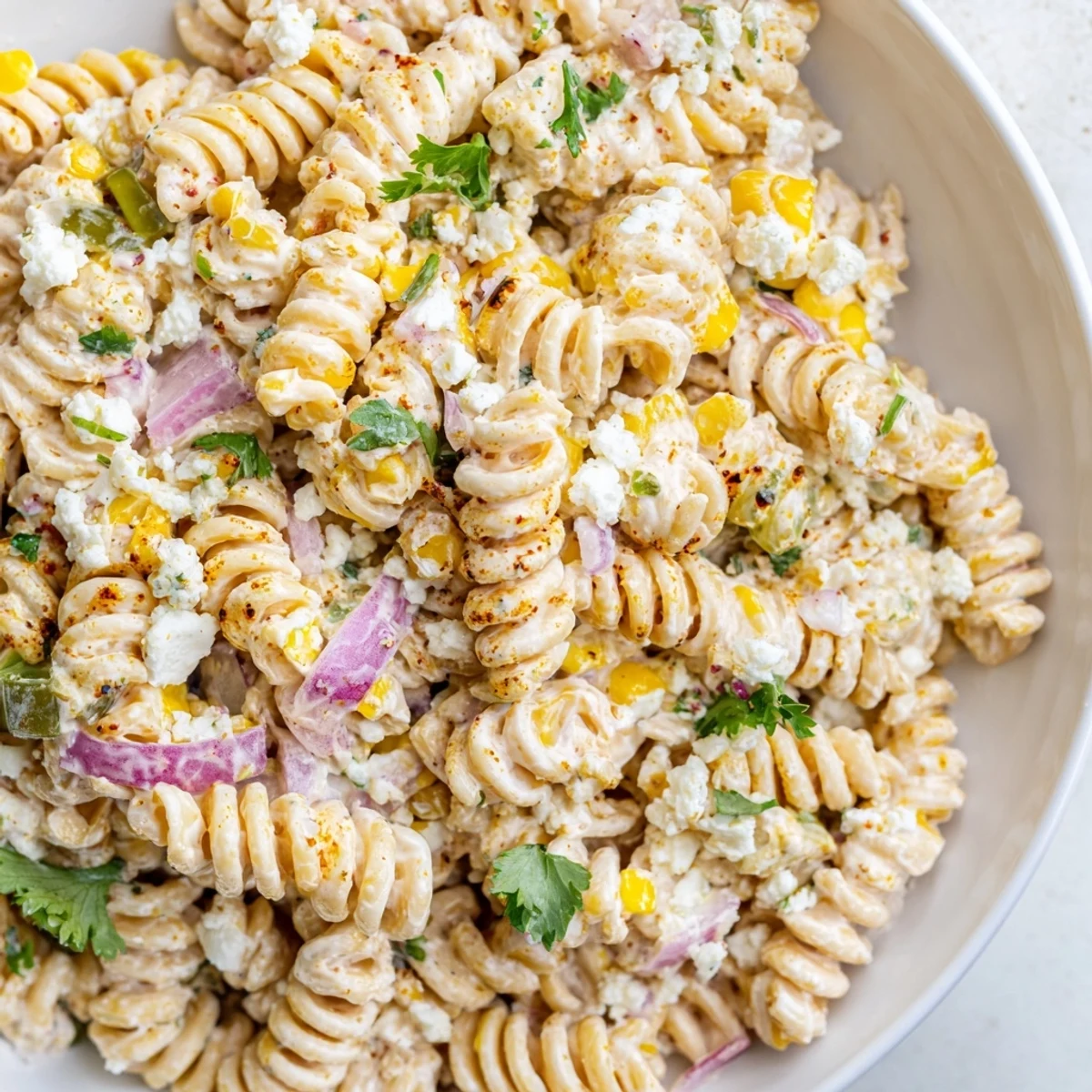 Smoky elote pasta salad served in a bowl with jalapeño, red onion, and lime wedges