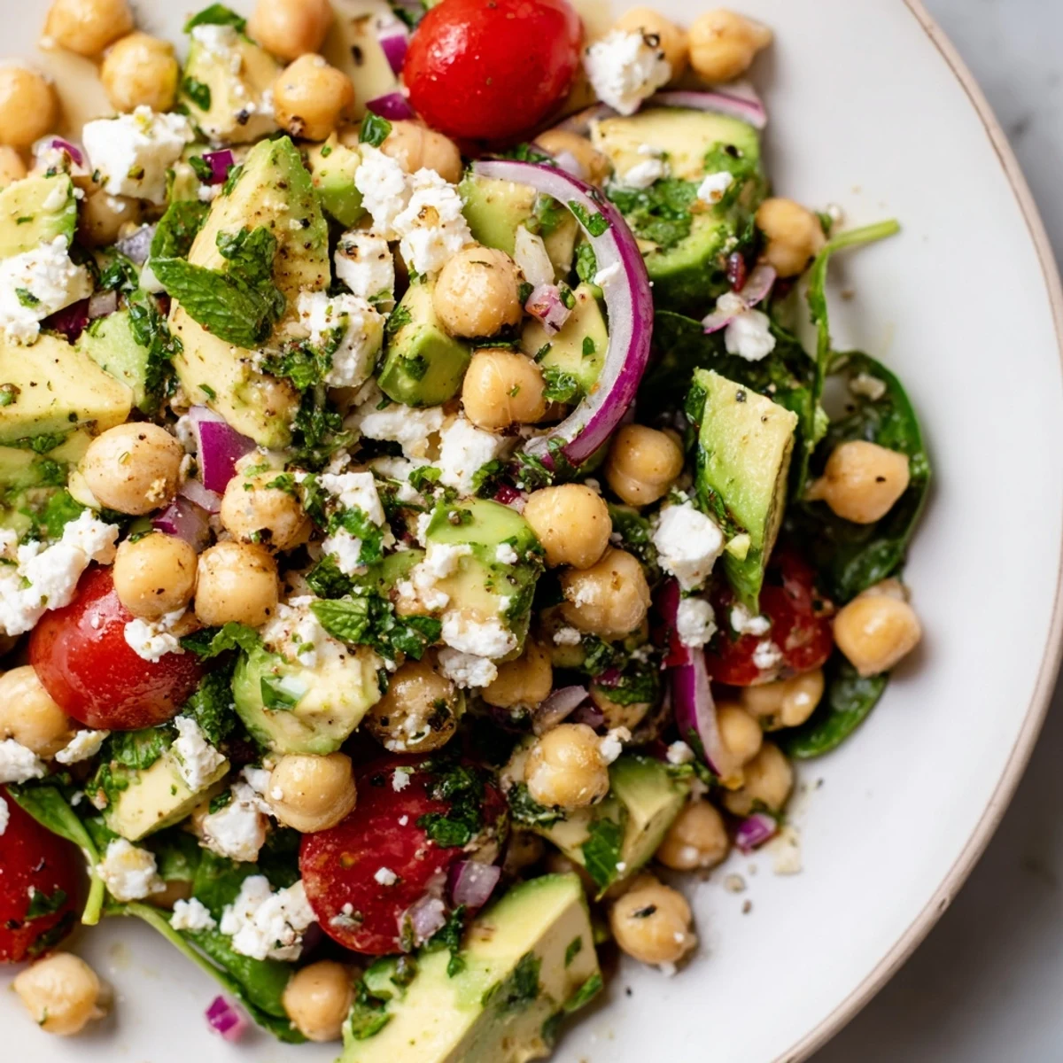 Creamy chickpea feta avocado salad nestled on a bed of fresh baby spinach