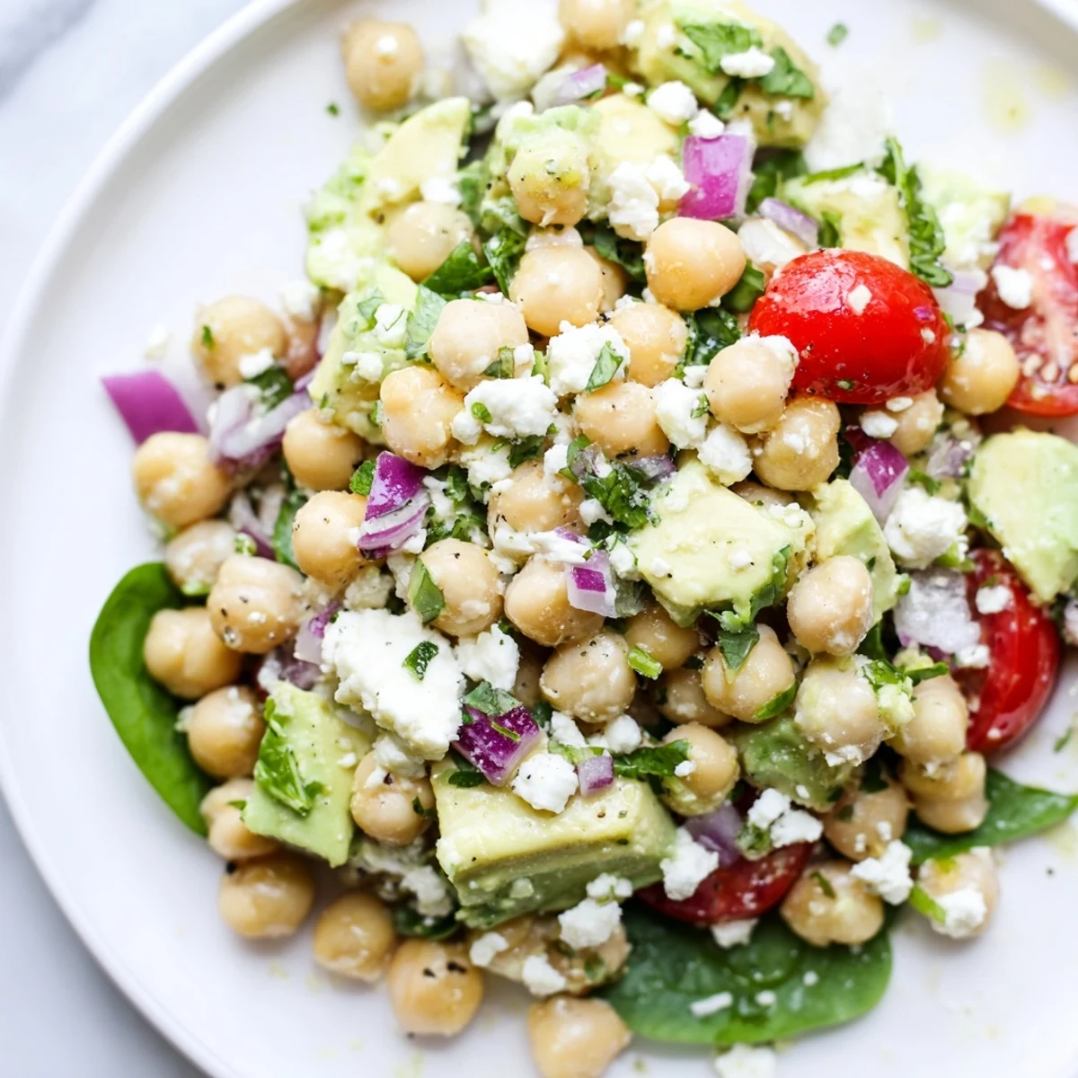 Crumbed feta and ripe avocado topping a colorful Mediterranean chickpea salad bowl