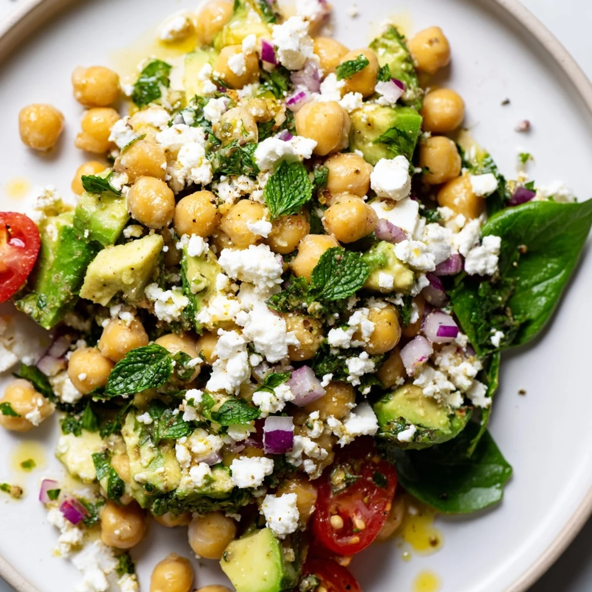 Golden olive oil dressing drizzled over a zesty chickpea feta avocado salad