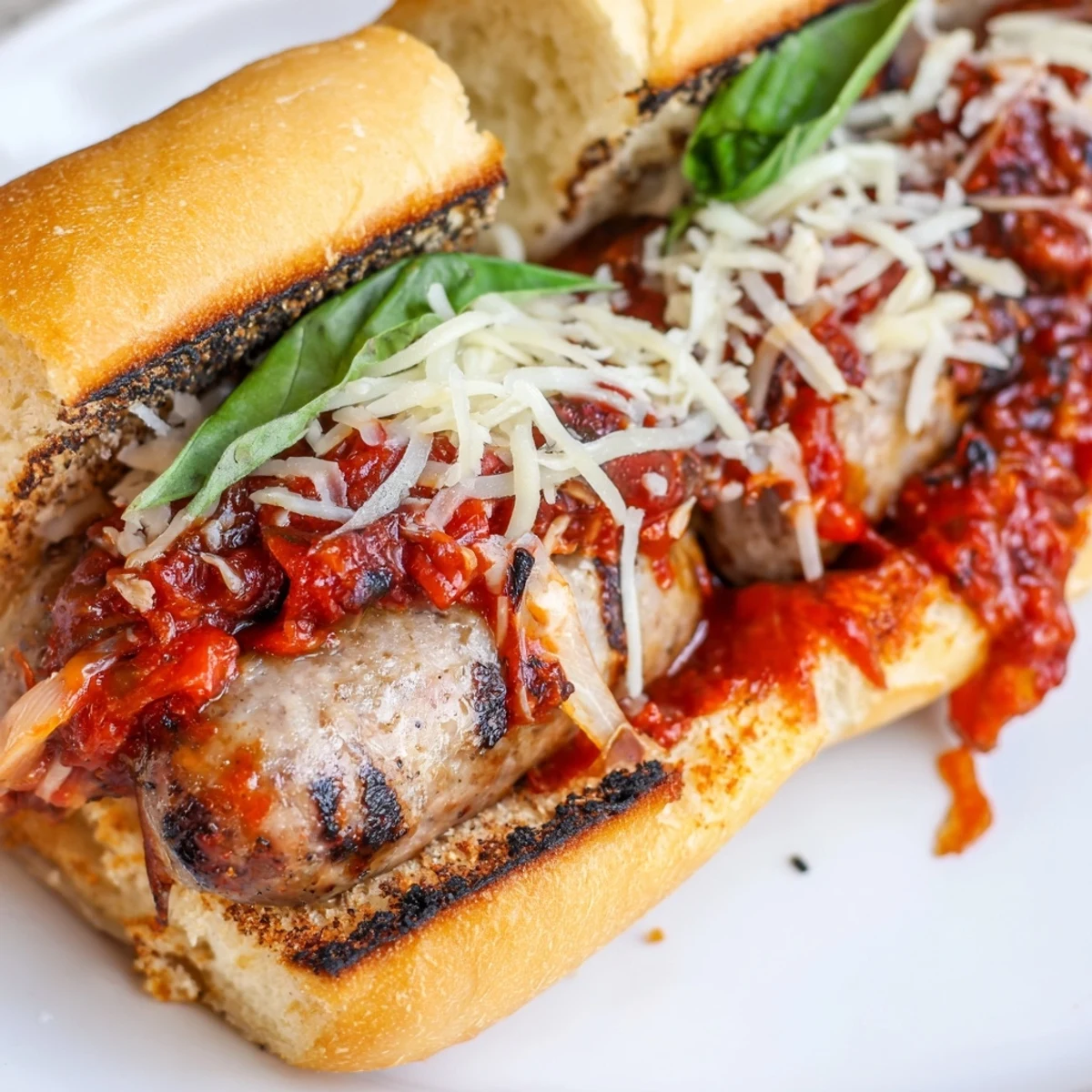 Crusty grilled sausage grinders loaded with smoky charred tomato sauce and melted cheese
