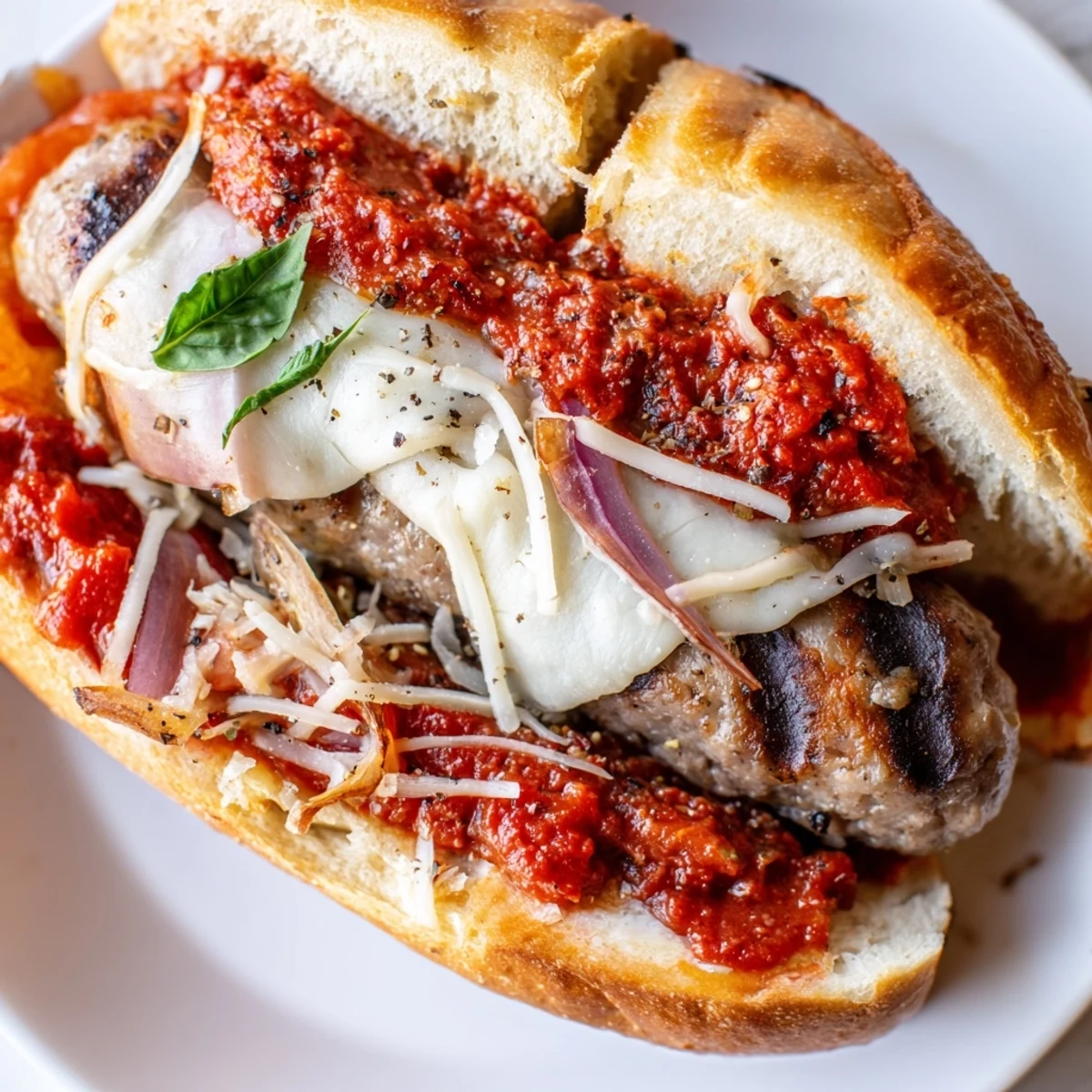 Golden hoagie rolls stuffed with juicy Italian sausages and rich grilled tomato sauce