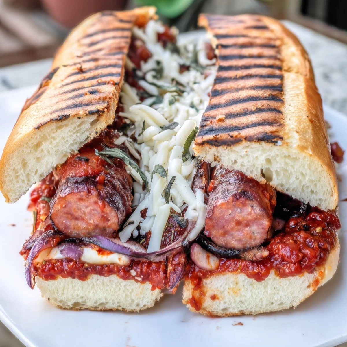 Hearty grilled sausage grinders topped with chunky fire-roasted tomato sauce and fresh basil