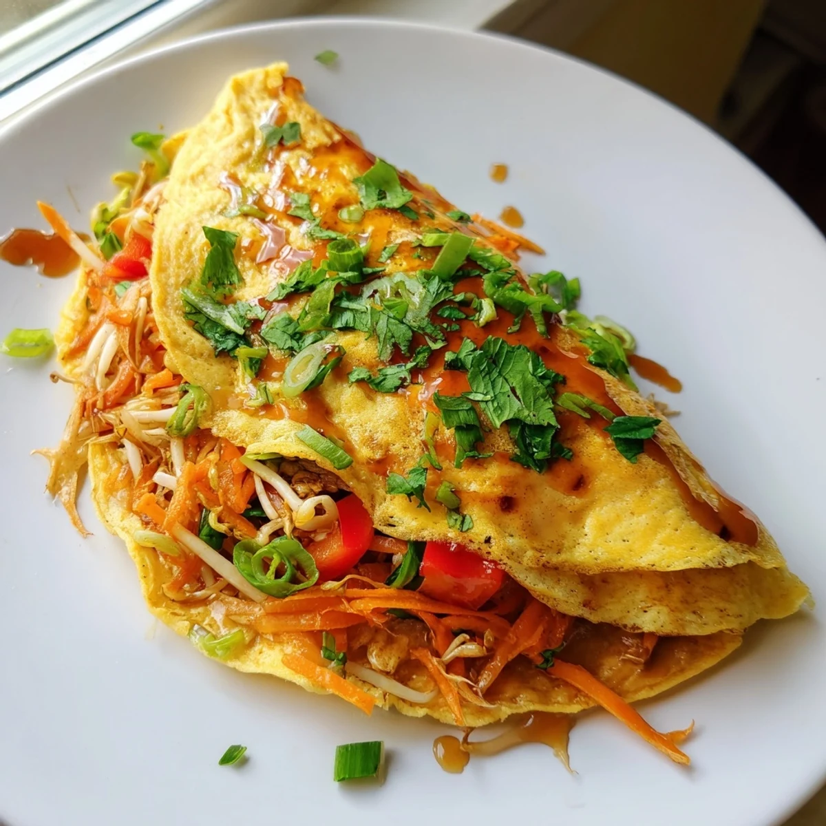 Golden Chinese omelette filled with colorful crisp vegetables and fresh scallions on a white plate