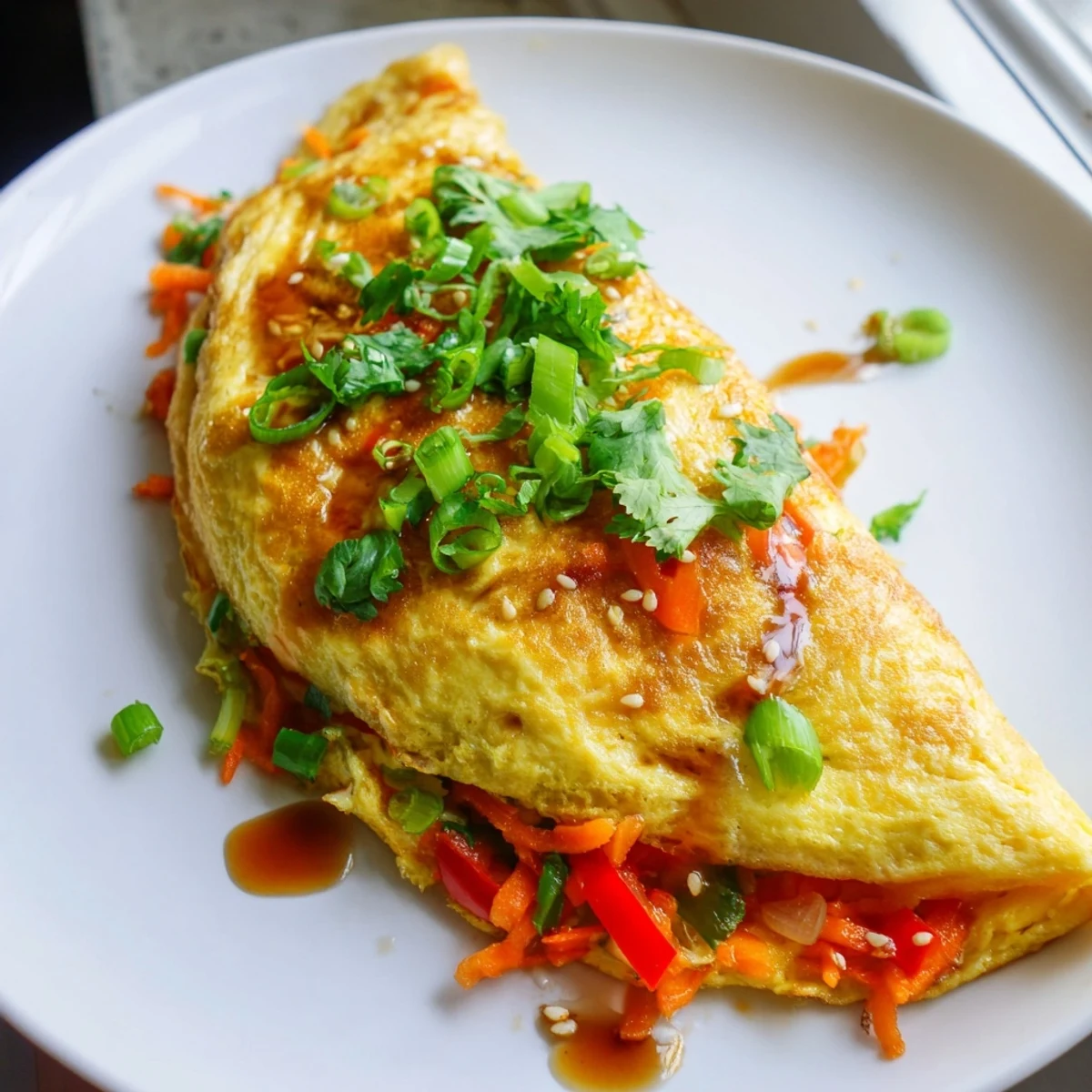 Fluffy Chinese omelette folded over tender carrots, bean sprouts, and bell pepper garnished with cilantro