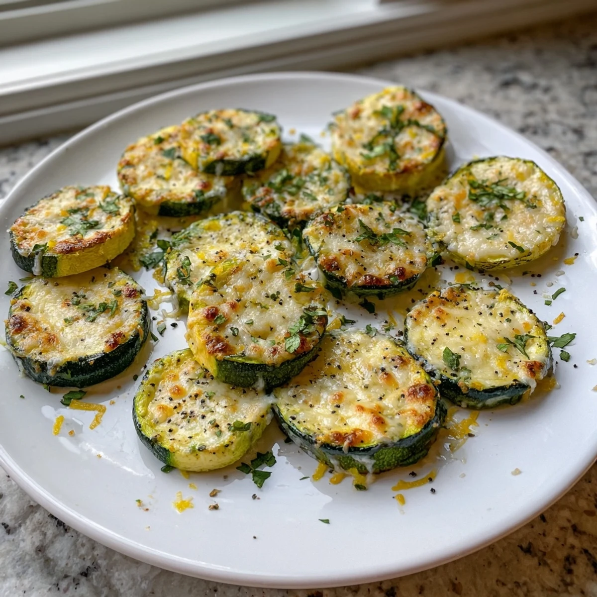 Golden Parmesan crusted lemon pepper zucchini slices fresh from the oven
