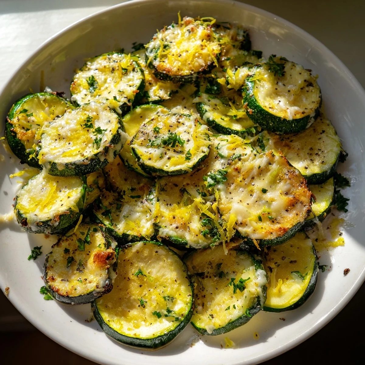 Baked zucchini coated in zesty lemon and cracked pepper on a parchment lined sheet