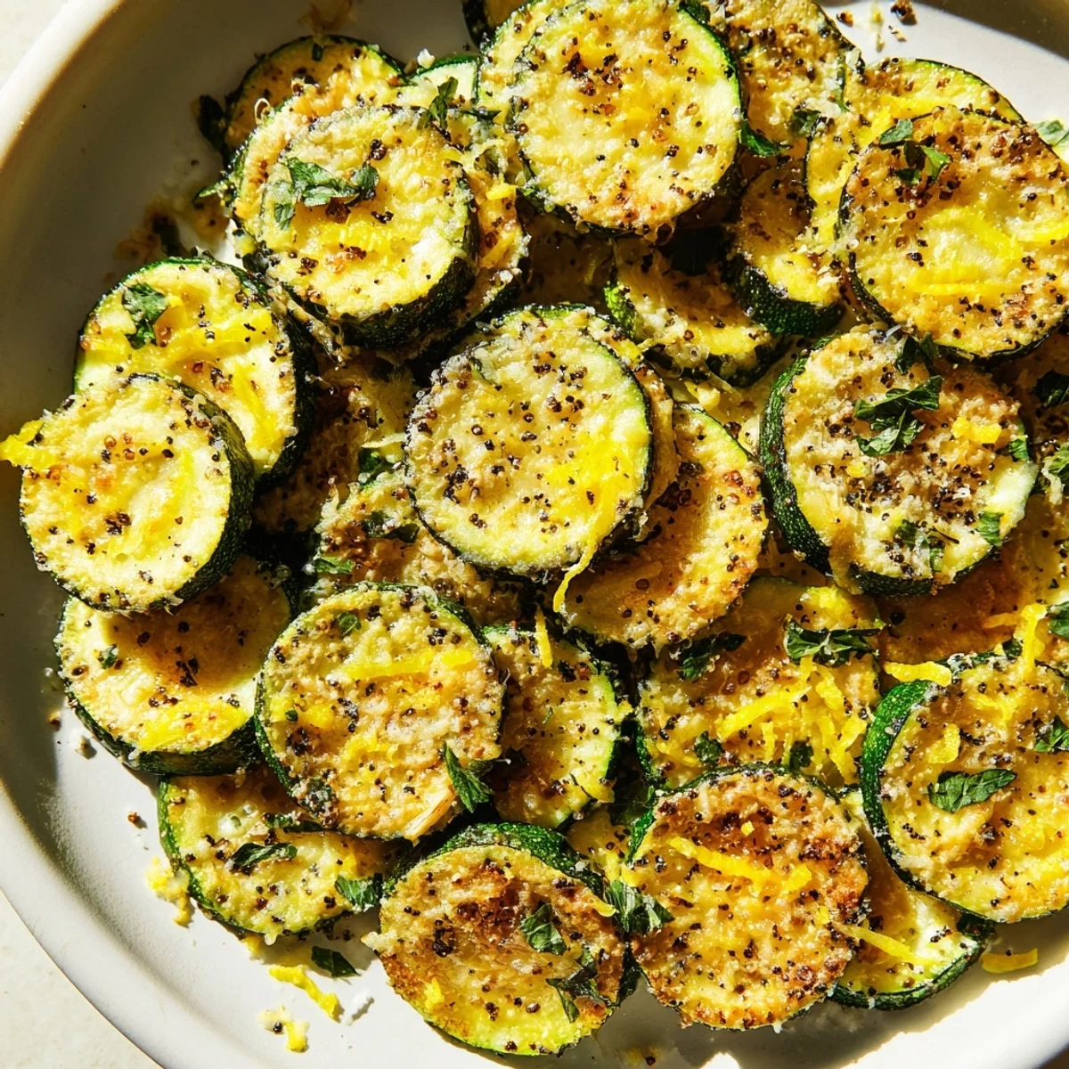 Tender zucchini rounds glistening with olive oil topped with melted Parmesan cheese